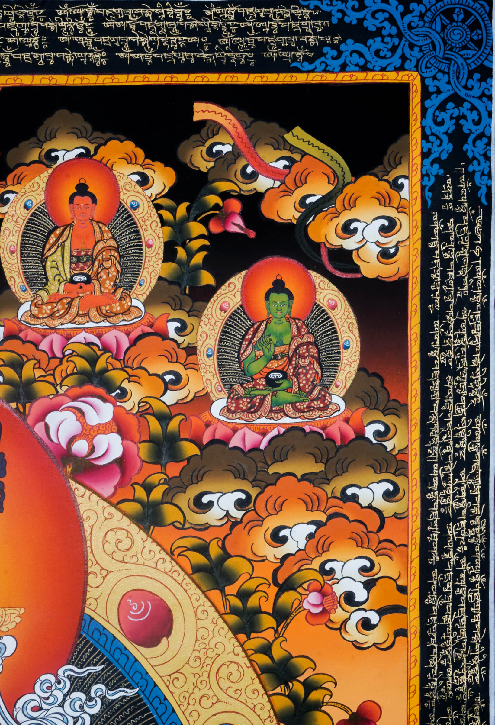 A Guru in Tibetan Buddhism high quality Art with Mantra blessing surrounded for spiritual energy and Pancha Buddha at top.