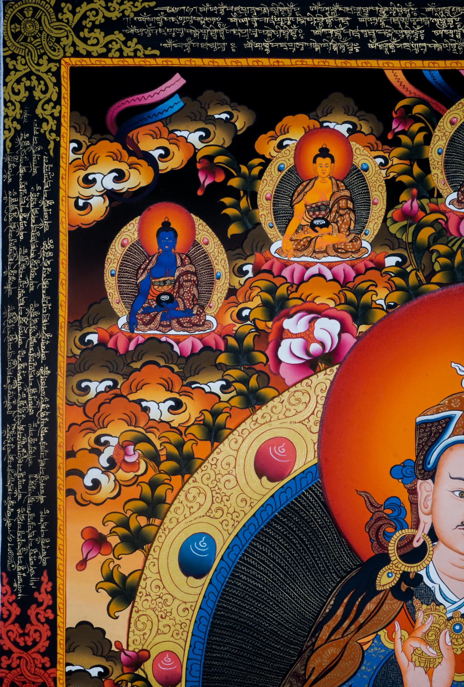 A Guru in Tibetan Buddhism high quality Art with Mantra blessing surrounded for spiritual energy and Pancha Buddha at top.