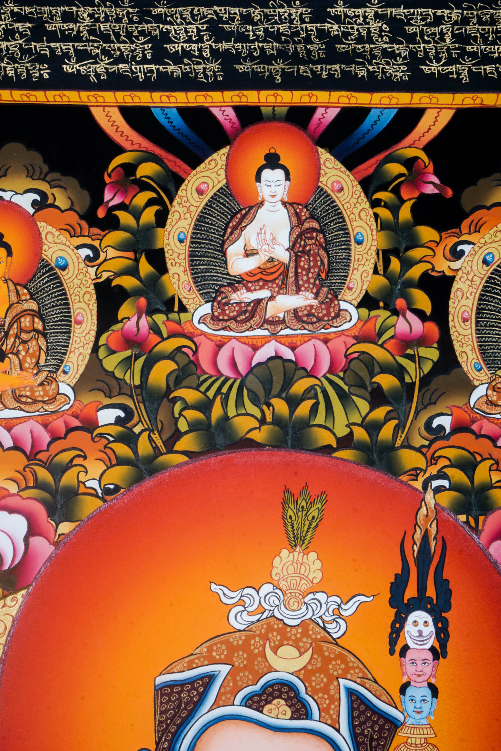 A Guru in Tibetan Buddhism high quality Art with Mantra blessing surrounded for spiritual energy and Pancha Buddha at top.