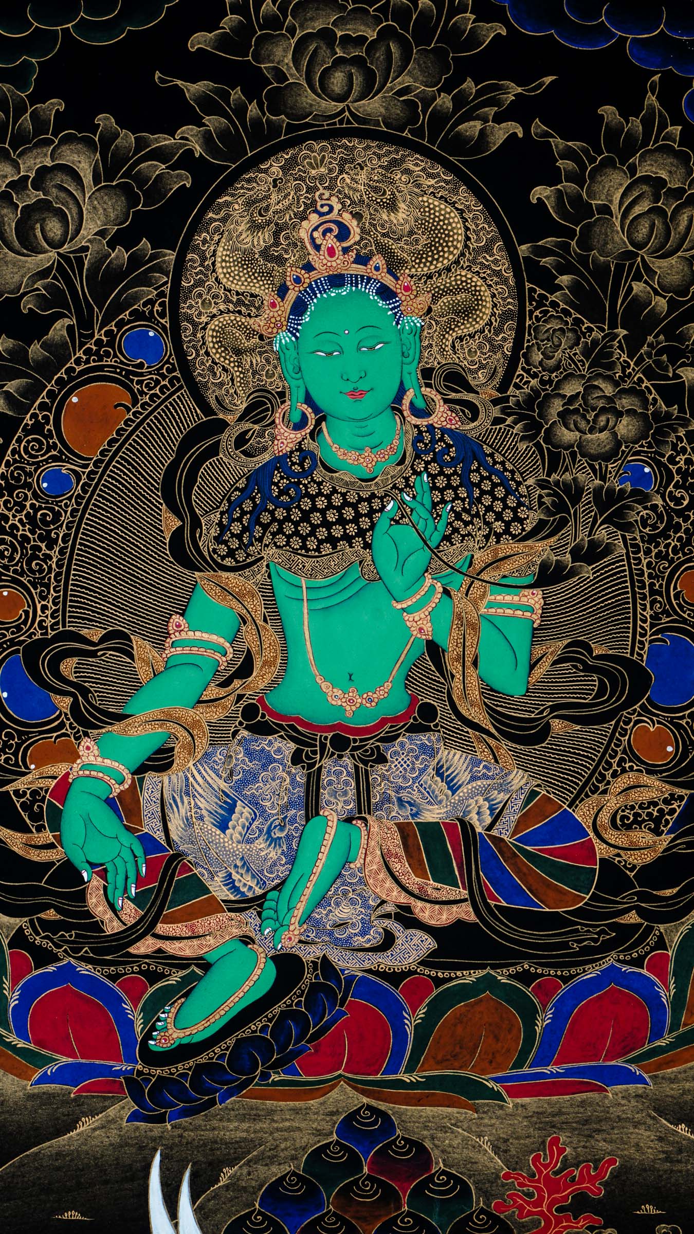 White Tara Thangka "Mother of all buddha", meticulously hand-painted by skilled artisans using 24k Gold and natural pigments.