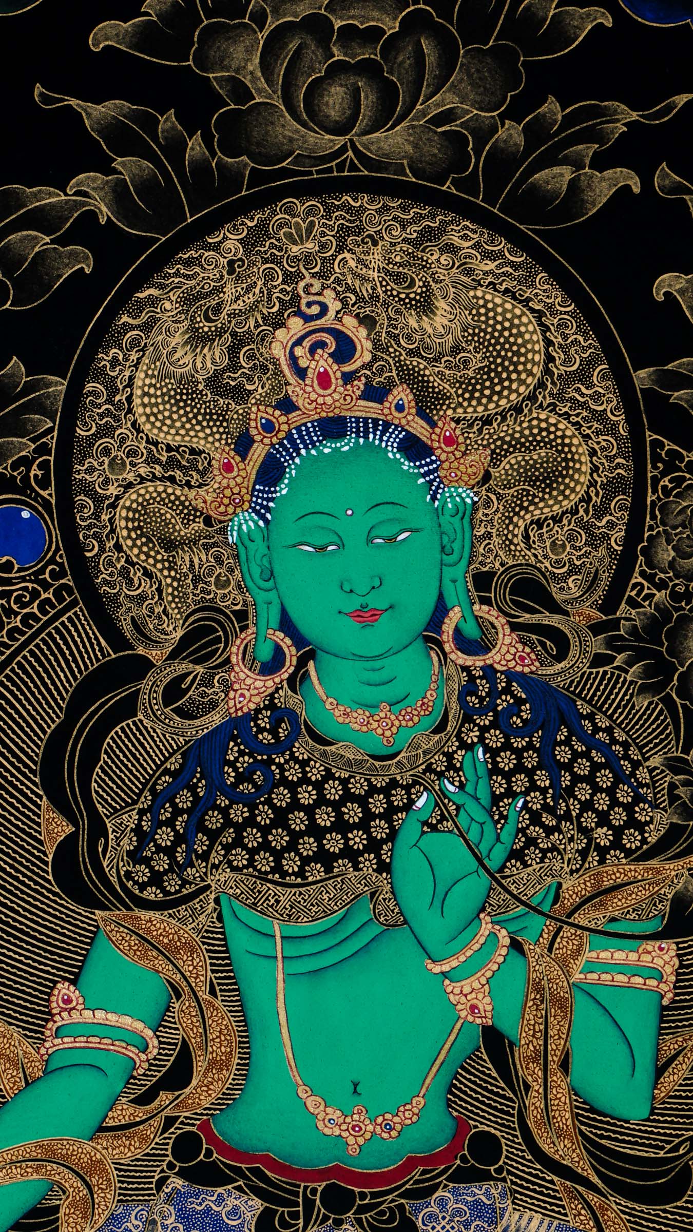 White Tara Thangka "Mother of all buddha", meticulously hand-painted by skilled artisans using 24k Gold and natural pigments.