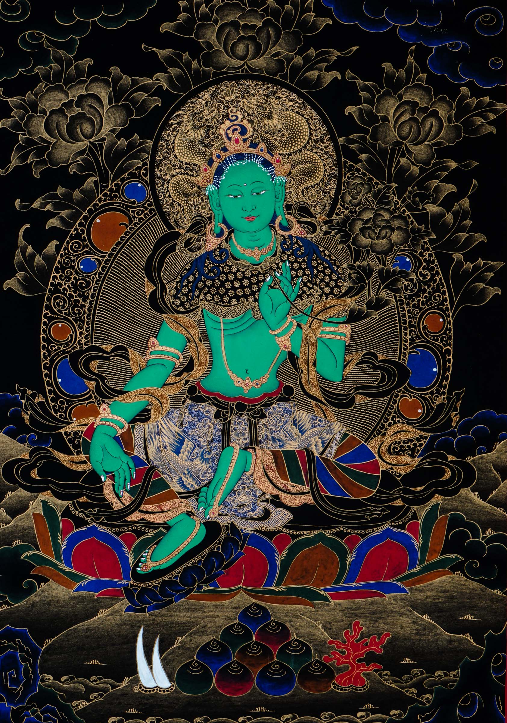 White Tara Thangka "Mother of all buddha", meticulously hand-painted by skilled artisans using 24k Gold and natural pigments.