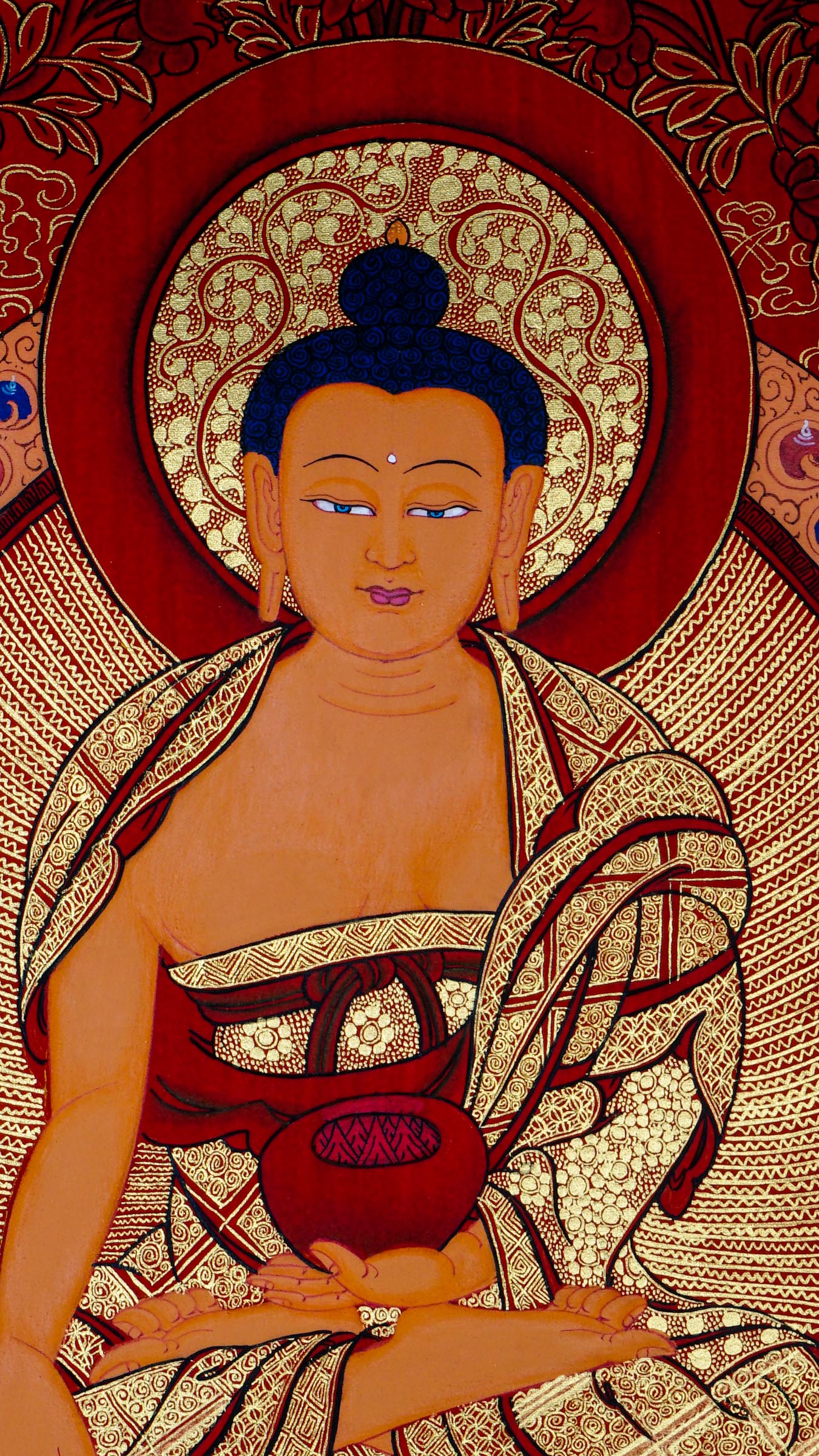 Hand-painted Shakyamuni Buddha Thangka depicting Buddha in meditation on a lotus throne.