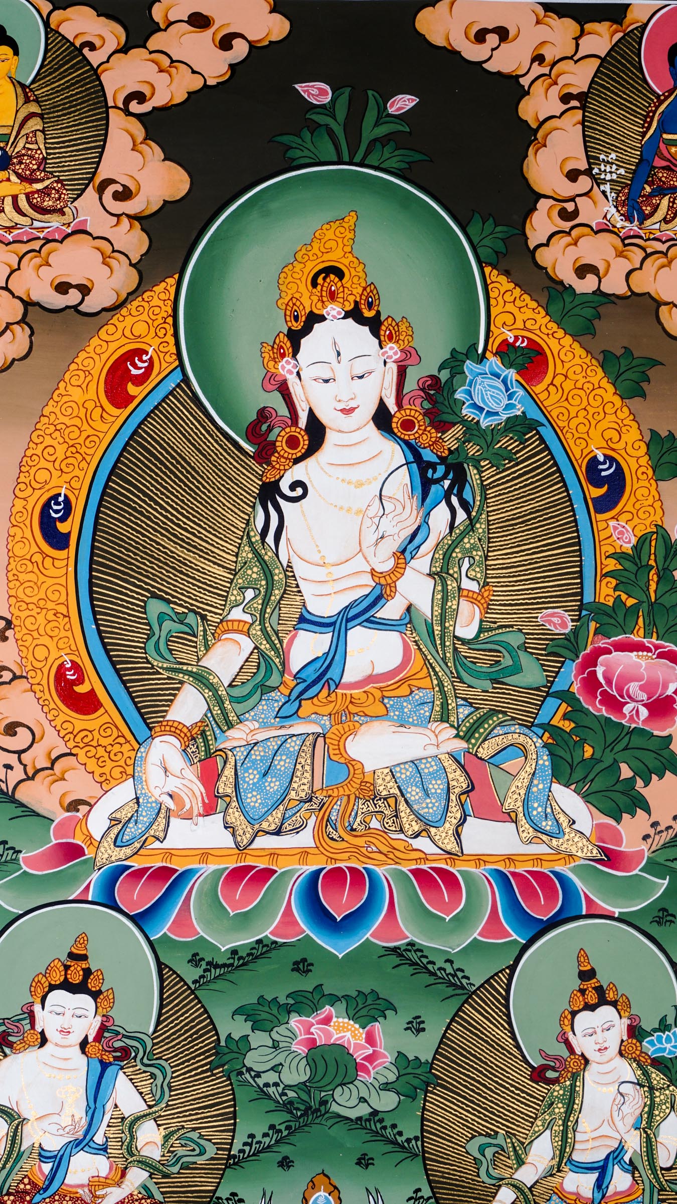 Beautiful artwork of White Tara Thangka representing bodhisattva of compassion.