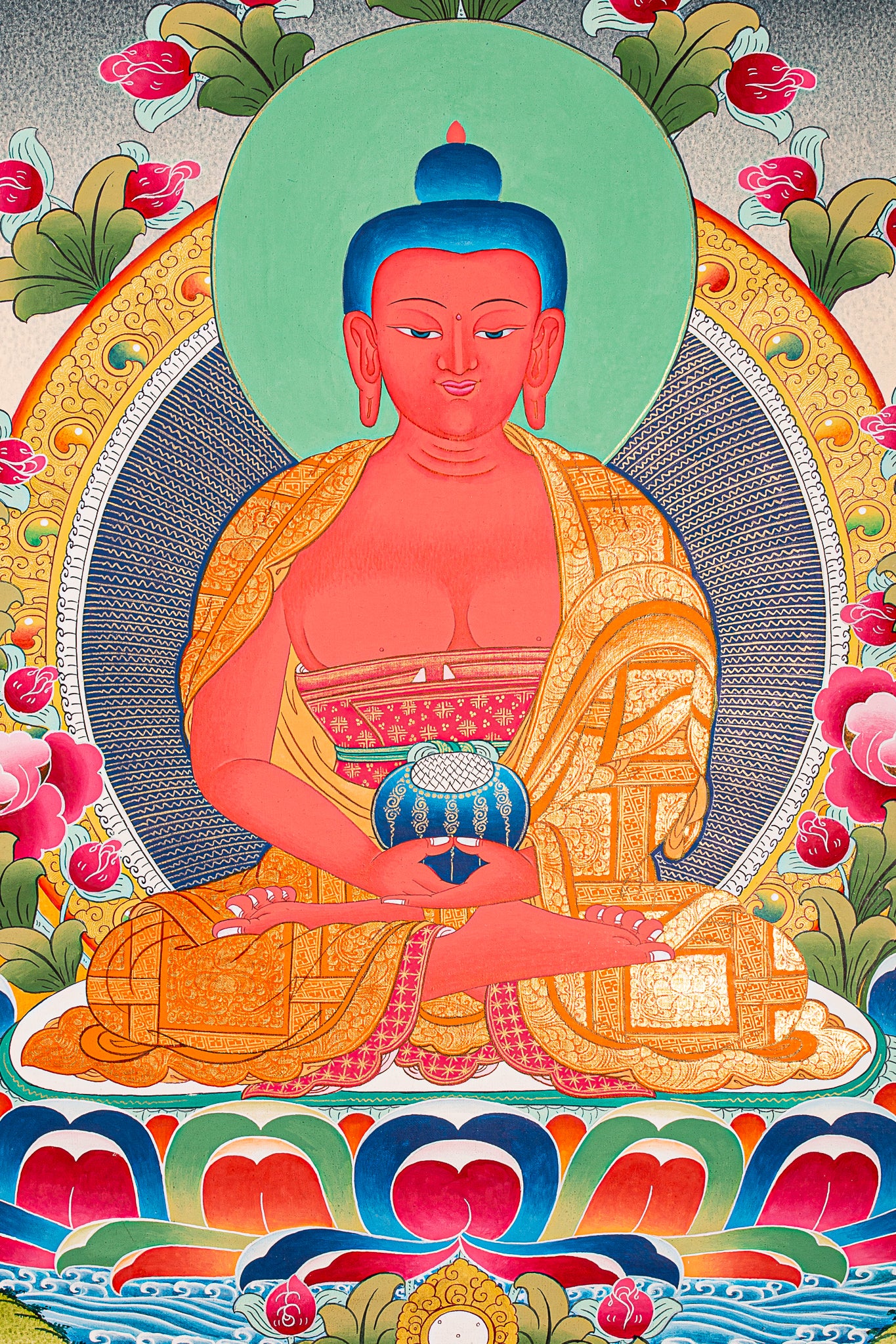This handcrafted Amitabha Buddha Tibetan Thangka captures the serene essence of the Buddha of Infinite Light and Life, revered in Pure Land Buddhism. Painted with natural mineral pigments, it brings spiritual beauty and sacred energy to any meditation space or altar.