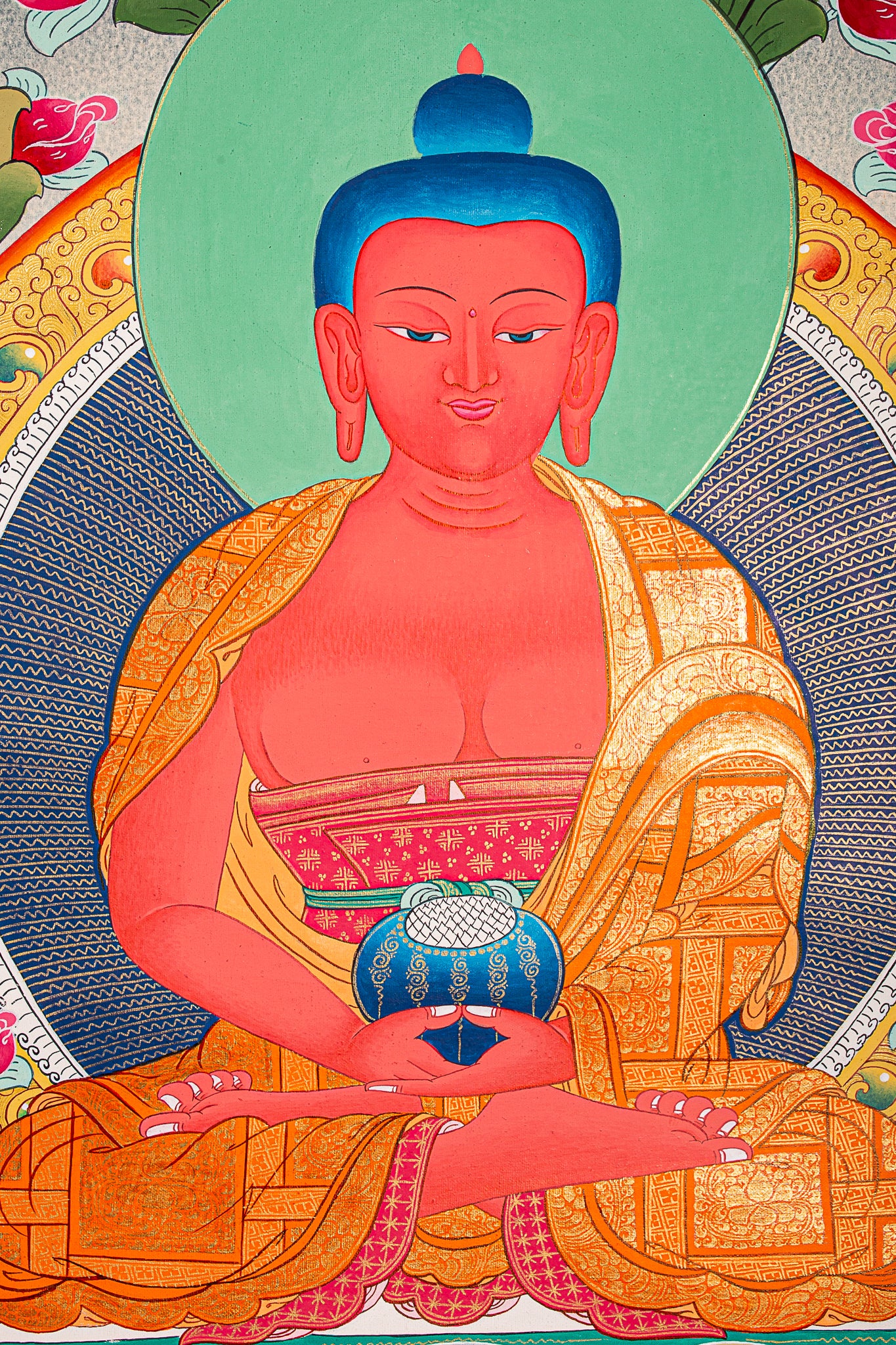 This handcrafted Amitabha Buddha Tibetan Thangka captures the serene essence of the Buddha of Infinite Light and Life, revered in Pure Land Buddhism. Painted with natural mineral pigments, it brings spiritual beauty and sacred energy to any meditation space or altar.