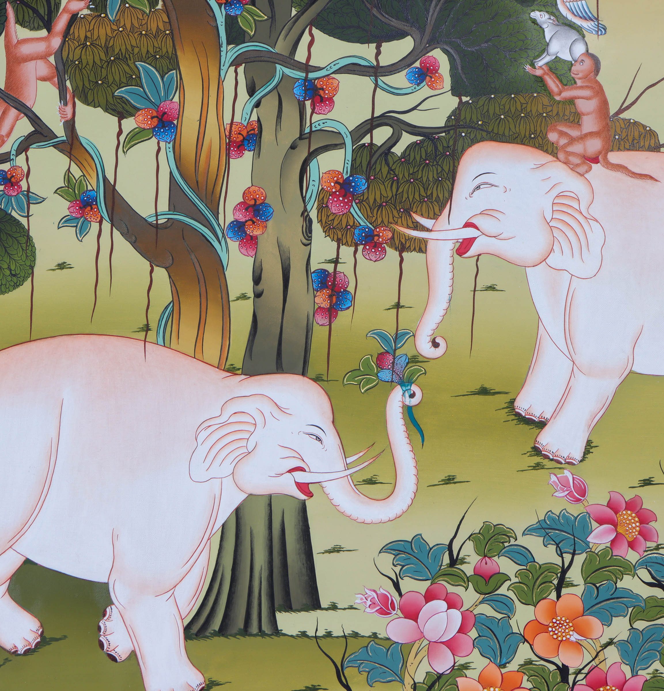 The Harmonious Four Friends Thangka is a charming Tibetan Buddhist artwork celebrating teamwork and respect among diverse friends. It shows an elephant, monkey, hare, and partridge stacked up, helping each other reach delicious fruits high in a tree.