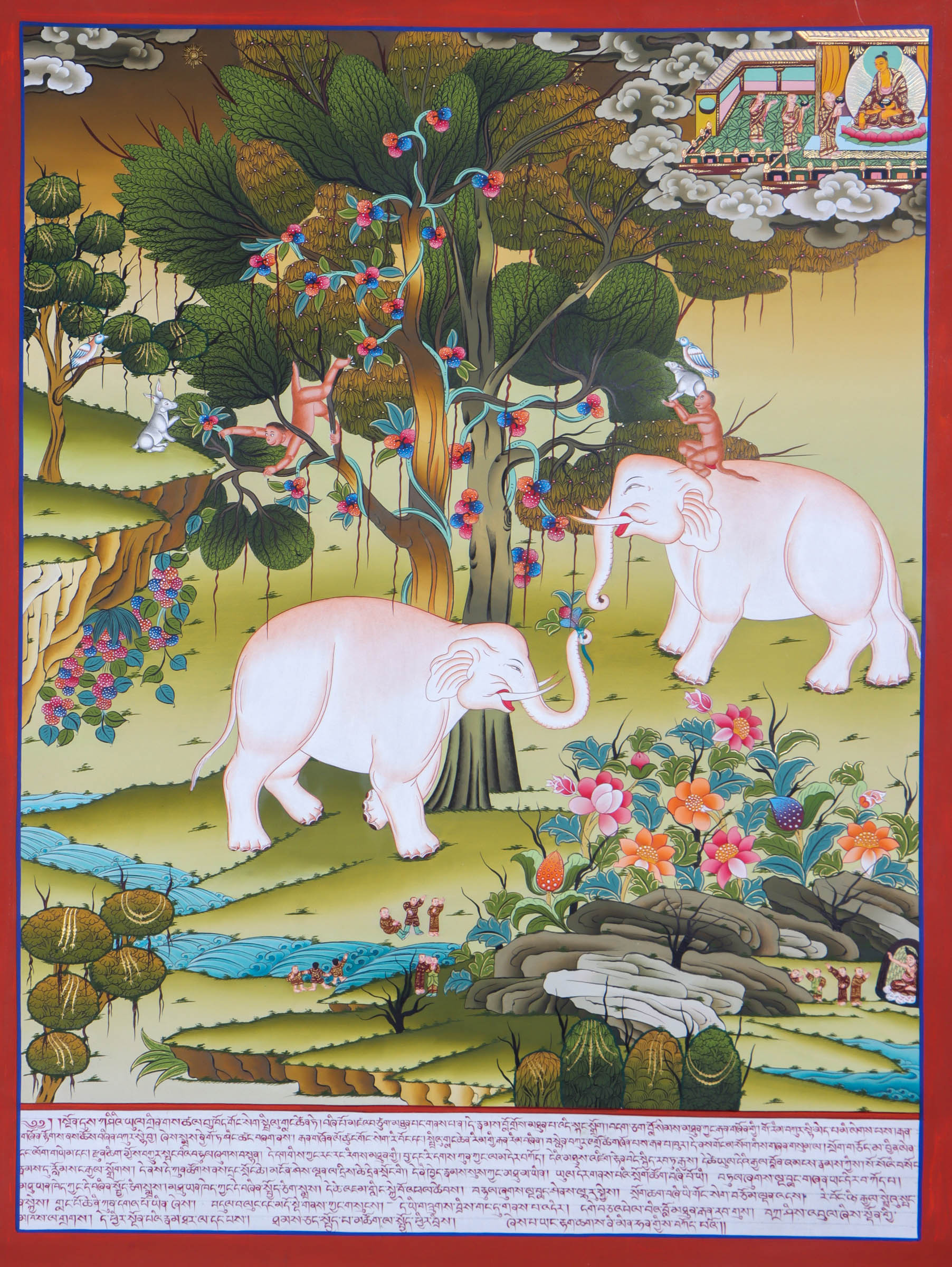 The Harmonious Four Friends Thangka is a charming Tibetan Buddhist artwork celebrating teamwork and respect among diverse friends. It shows an elephant, monkey, hare, and partridge stacked up, helping each other reach delicious fruits high in a tree.