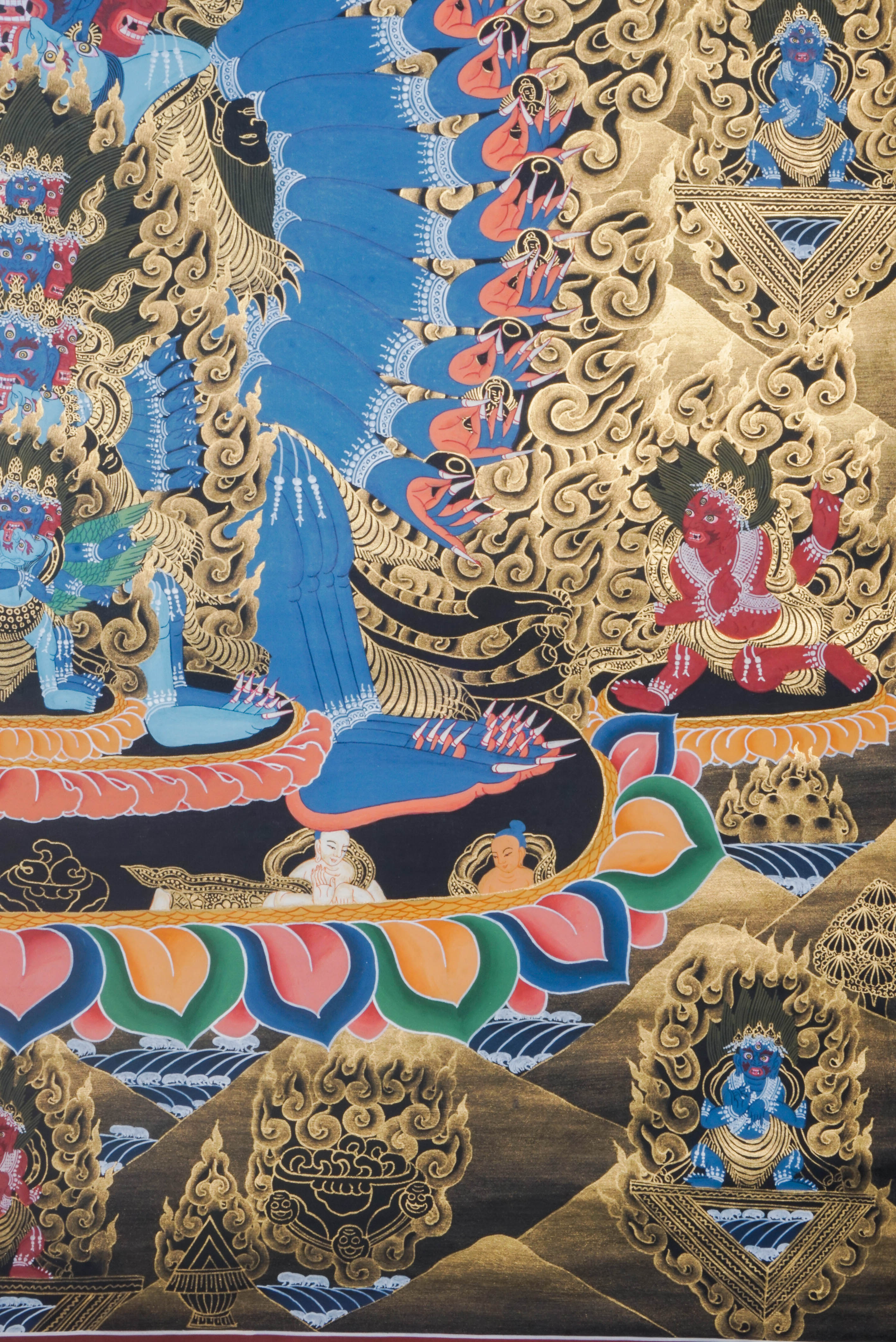 This genuine Heruka Thangka, hand-painted with natural mineral pigments, captures the wrathful deity’s fierce compassion and transformative power. A sacred tool for spiritual practice, it offers protection, removes obstacles, and inspires the journey toward enlightenment.
