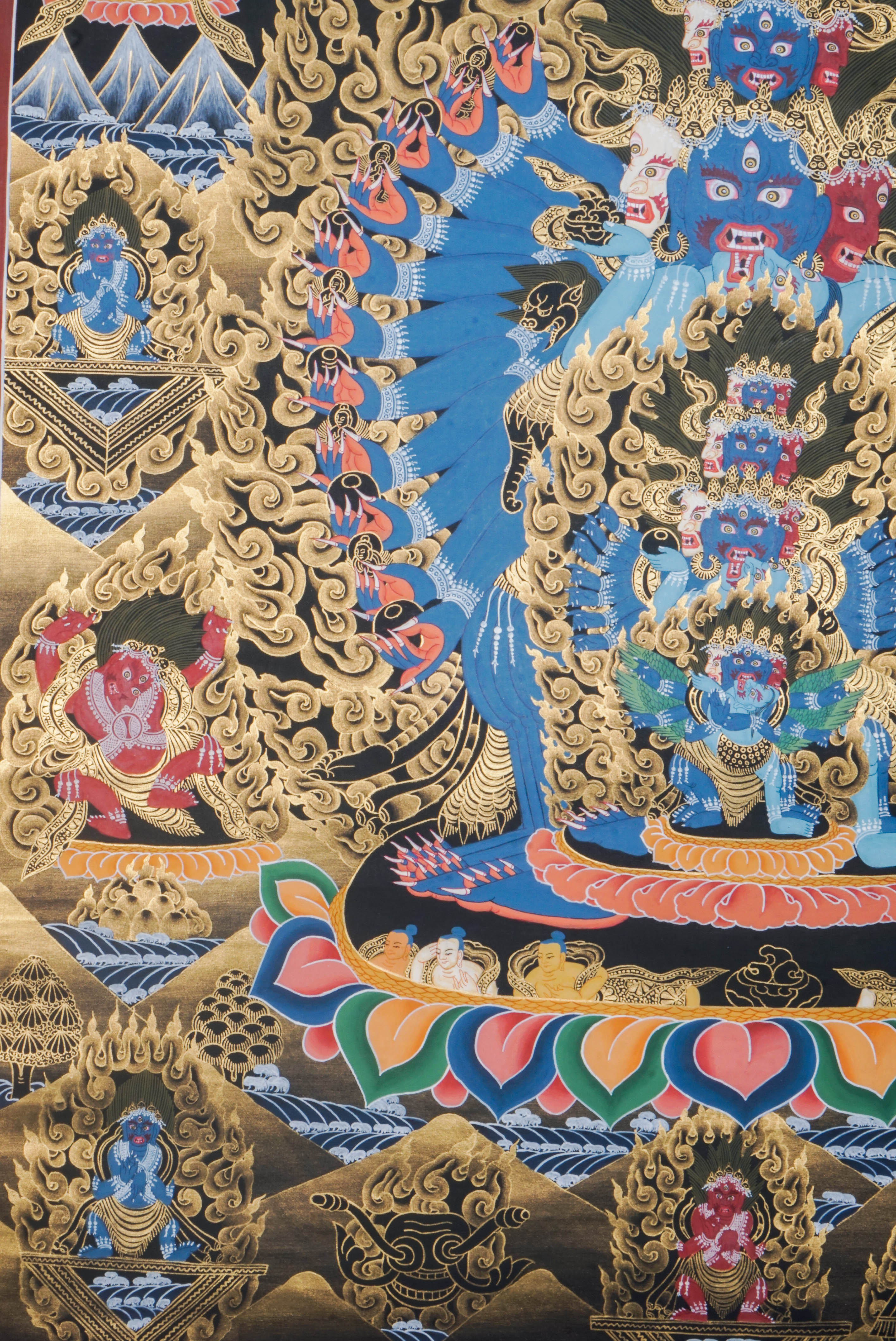 This genuine Heruka Thangka, hand-painted with natural mineral pigments, captures the wrathful deity’s fierce compassion and transformative power. A sacred tool for spiritual practice, it offers protection, removes obstacles, and inspires the journey toward enlightenment.