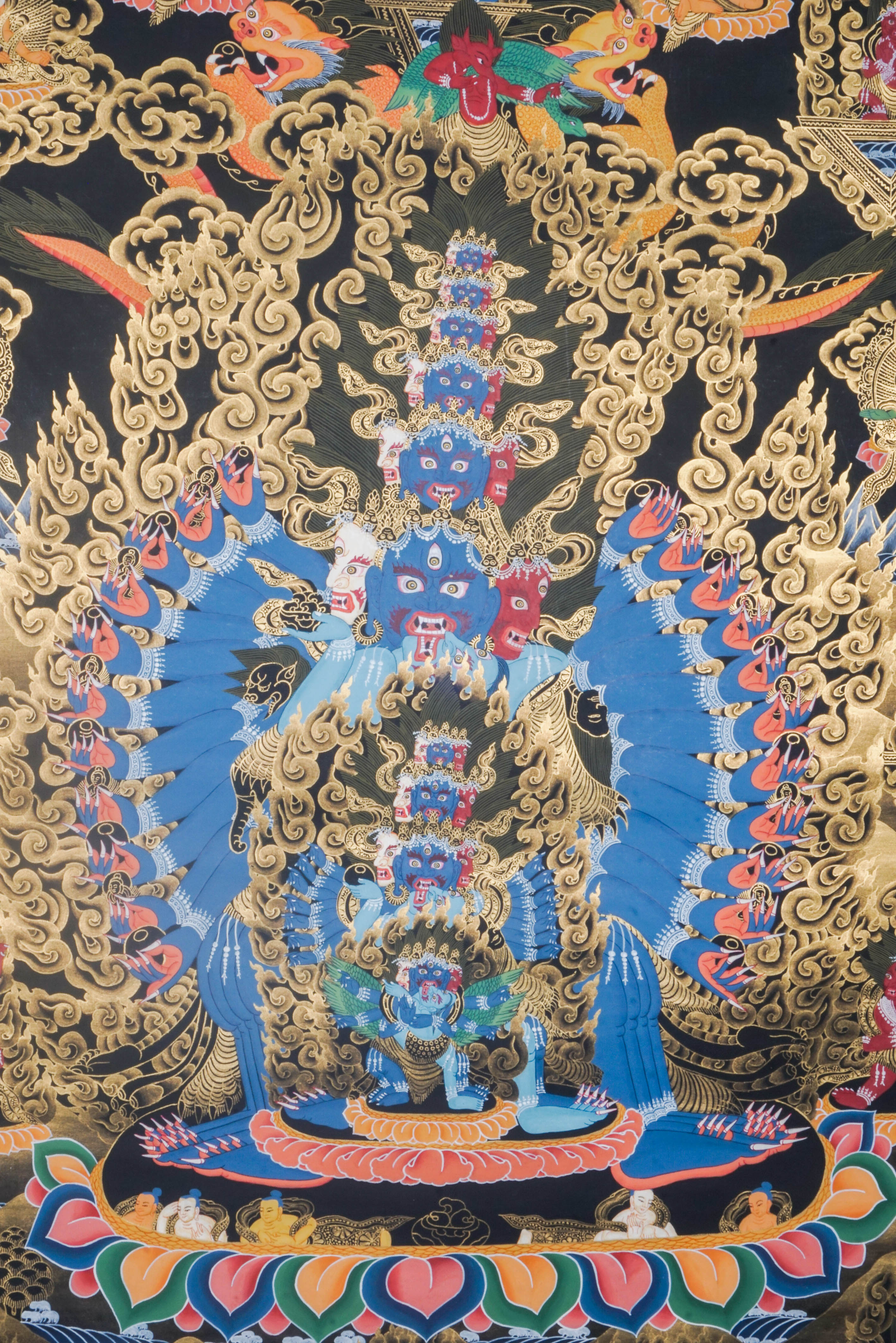 This genuine Heruka Thangka, hand-painted with natural mineral pigments, captures the wrathful deity’s fierce compassion and transformative power. A sacred tool for spiritual practice, it offers protection, removes obstacles, and inspires the journey toward enlightenment.