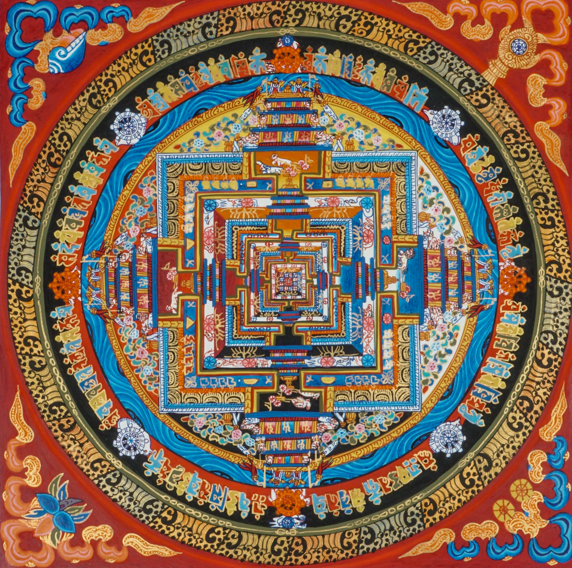 Kalachakra Mandala Thangka is a painstakingly created painting that represents Tibetan Buddhism's profound principles. It beautifully portrays the concept of the "Wheel of Time," which reflects the balance of wisdom and compassion, as well as the cyclical nature of time and the path to enlightenment.