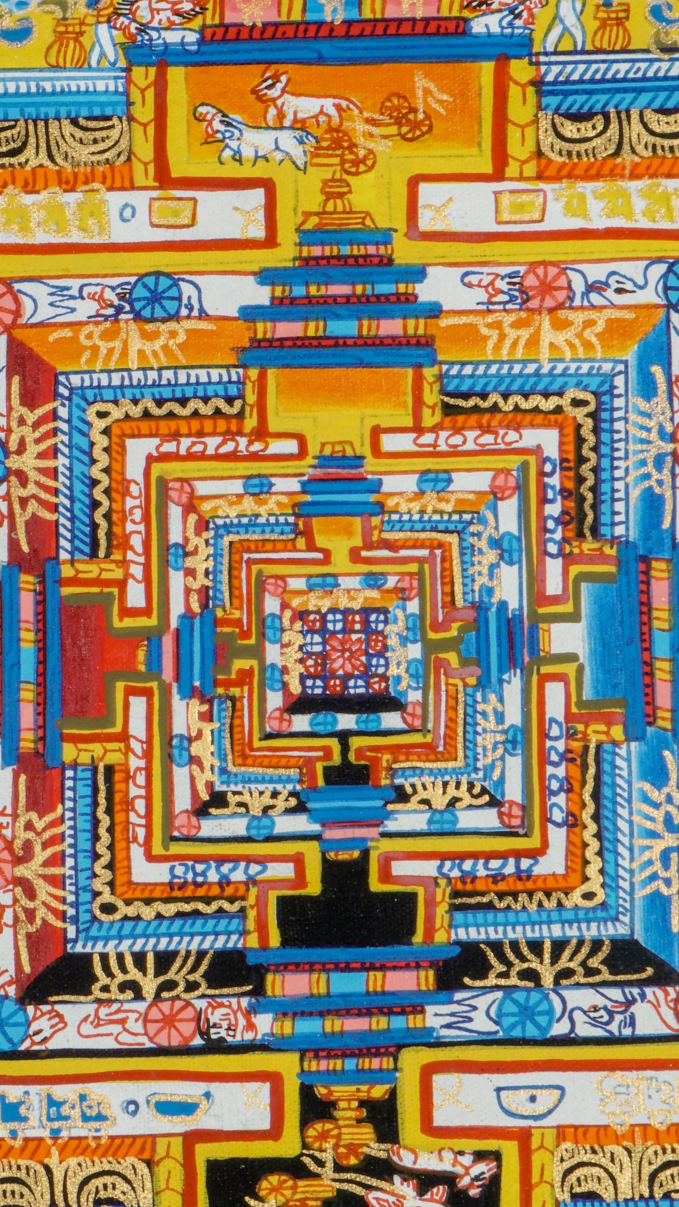 Kalachakra Mandala Thangka is a painstakingly created painting that represents Tibetan Buddhism's profound principles. It beautifully portrays the concept of the "Wheel of Time," which reflects the balance of wisdom and compassion, as well as the cyclical nature of time and the path to enlightenment.