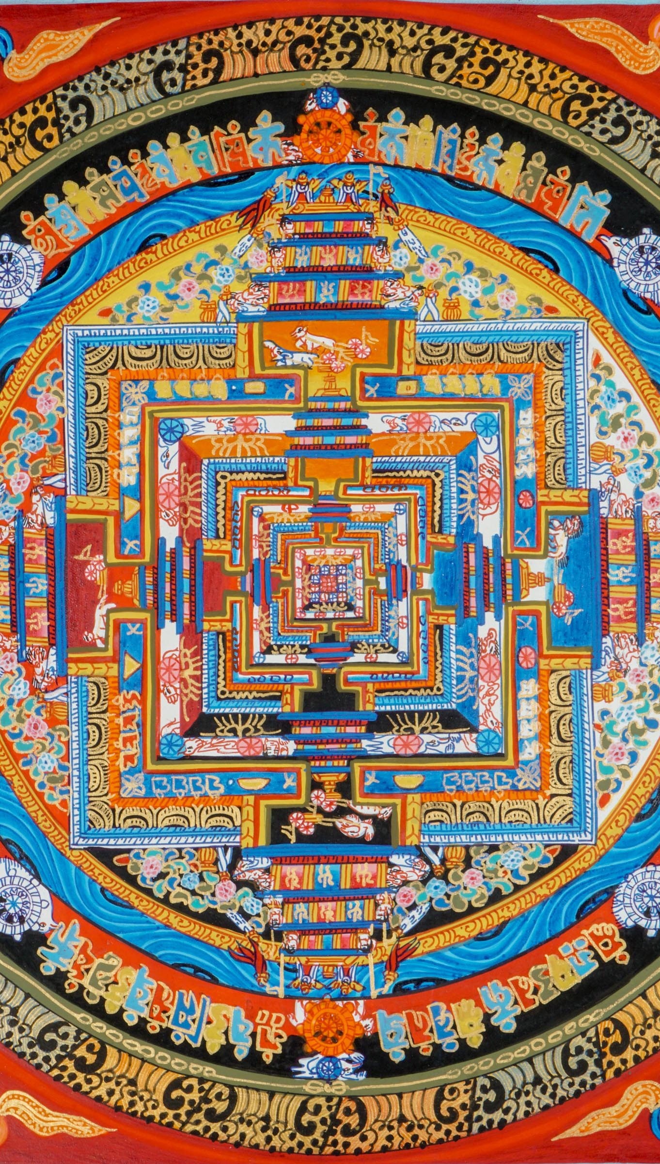 Kalachakra Mandala Thangka is a painstakingly created painting that represents Tibetan Buddhism's profound principles. It beautifully portrays the concept of the "Wheel of Time," which reflects the balance of wisdom and compassion, as well as the cyclical nature of time and the path to enlightenment.