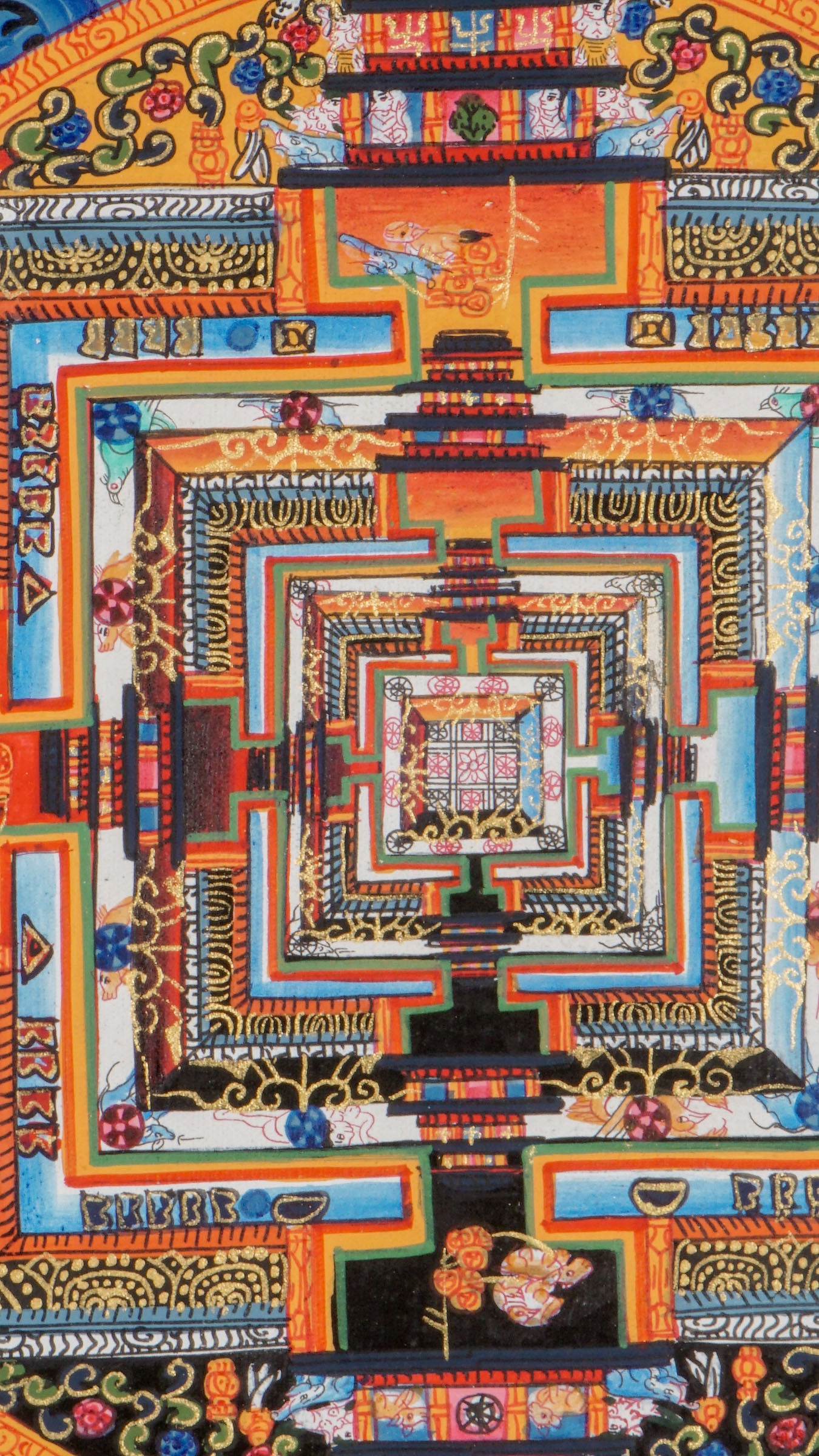 Kalachakra Mandala Thangka showcasing intricate geometric patterns and vibrant colors, symbolizing Tibetan Buddhist teachings on time, cosmology, and meditation, handcrafted in traditional style to enhance mindfulness and sacred space.