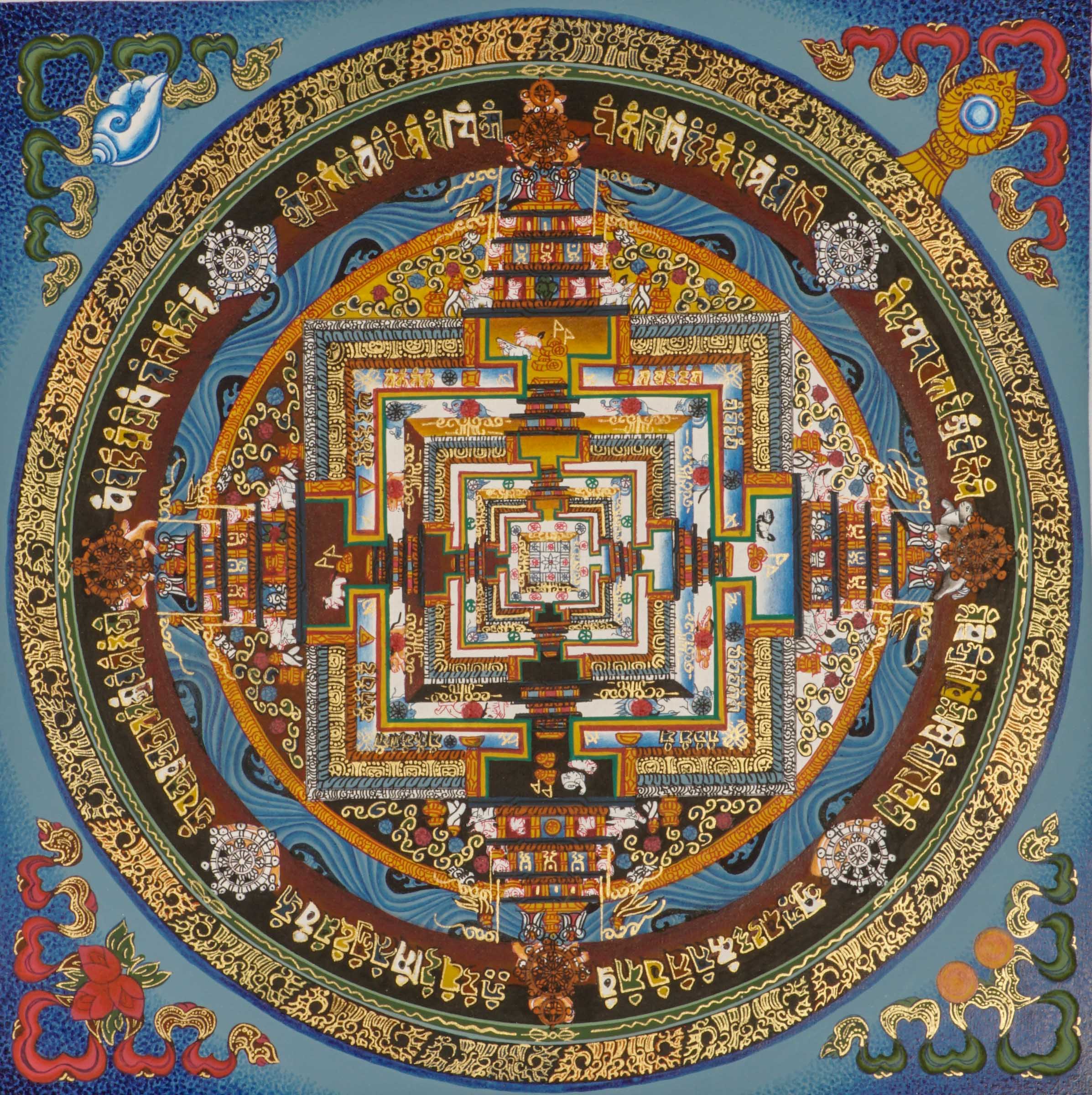 Kalachakra Mandala Thangka Wall Hanging hand-painted with symbolic layers including elemental rings, sacred deities, and the Wheel of Time, representing Tibetan Buddhist teachings on wisdom, compassion, and spiritual transformation.