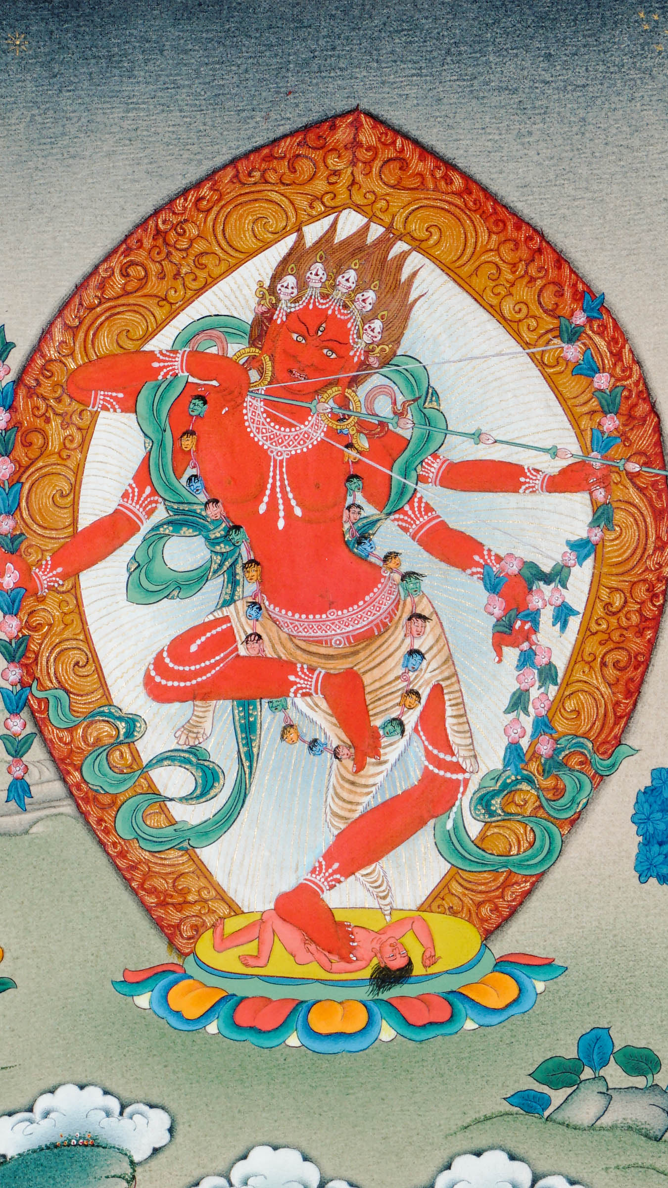 Tibetan thangka painting of red goddess Kurukulla dancing in archer’s pose, holding a flower bow and arrow, surrounded by a golden halo, symbolizing magnetizing energy and compassion.
