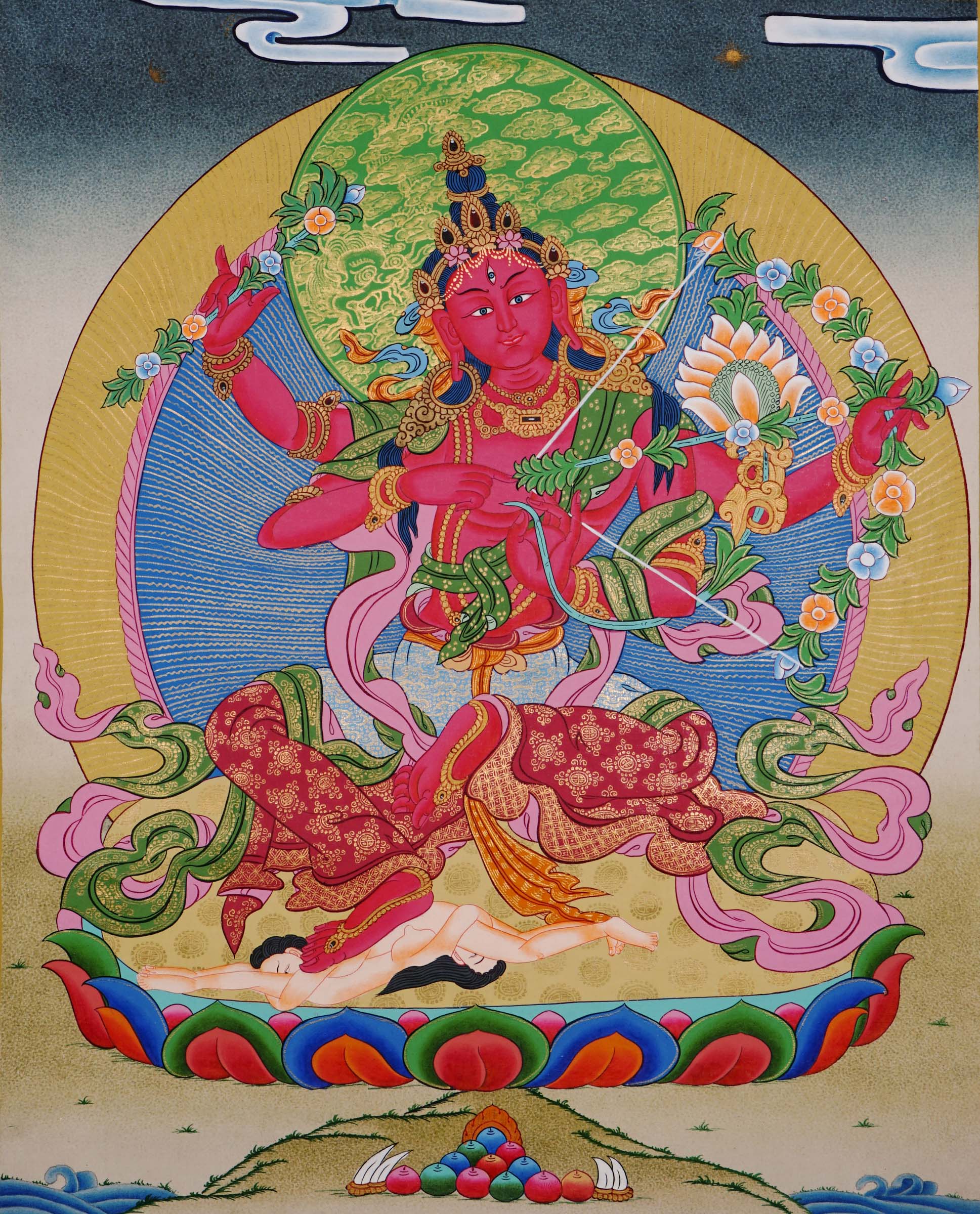 Hand-painted Kurukulla thangka from Kathmandu, Nepal depicting the red semi-wrathful goddess of magnetizing power with four arms holding a flower bow, flower arrow, flower hook and flower noose, dancing on a prone figure and wearing a garland of severed heads in traditional Tibetan Vajrayana style.