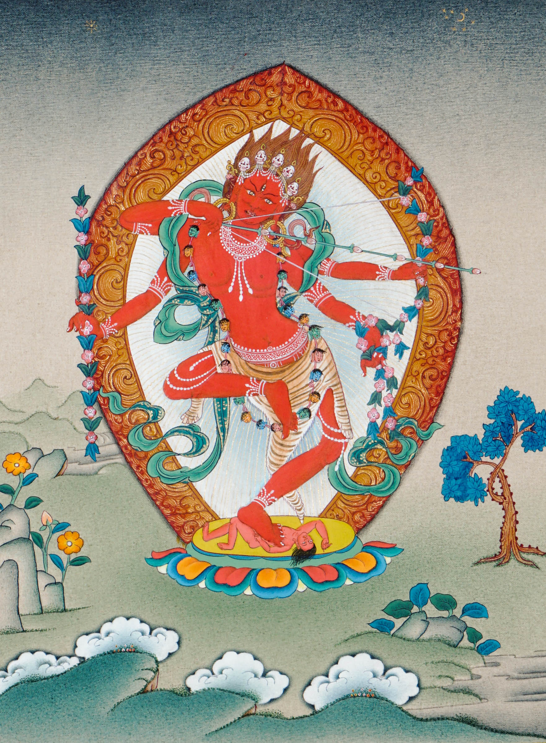 Tibetan thangka painting of red goddess Kurukulla dancing in archer’s pose, holding a flower bow and arrow, surrounded by a golden halo, symbolizing magnetizing energy and compassion.