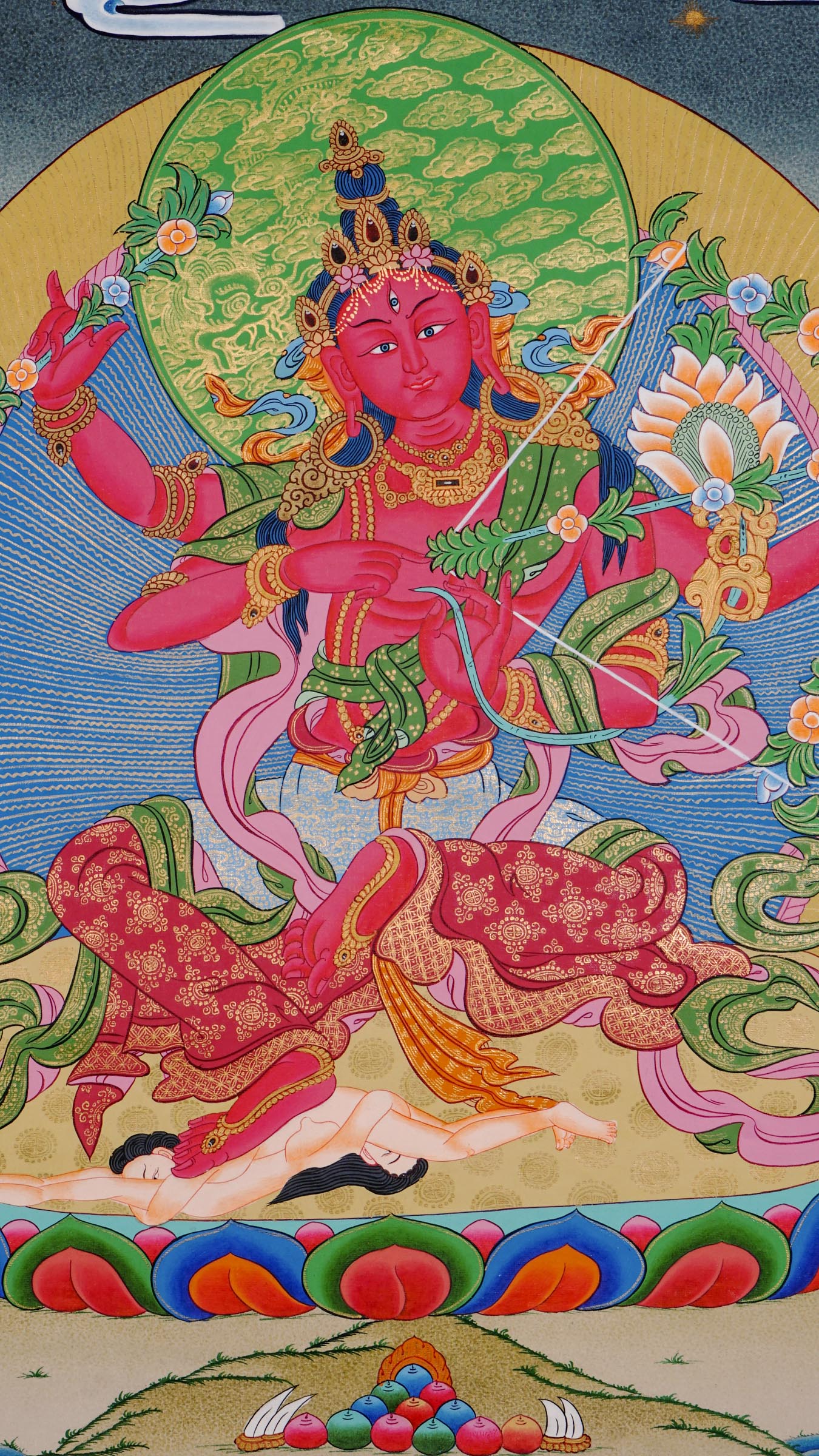 Hand-painted Kurukulla thangka from Kathmandu, Nepal depicting the red semi-wrathful goddess of magnetizing power with four arms holding a flower bow, flower arrow, flower hook and flower noose, dancing on a prone figure and wearing a garland of severed heads in traditional Tibetan Vajrayana style.