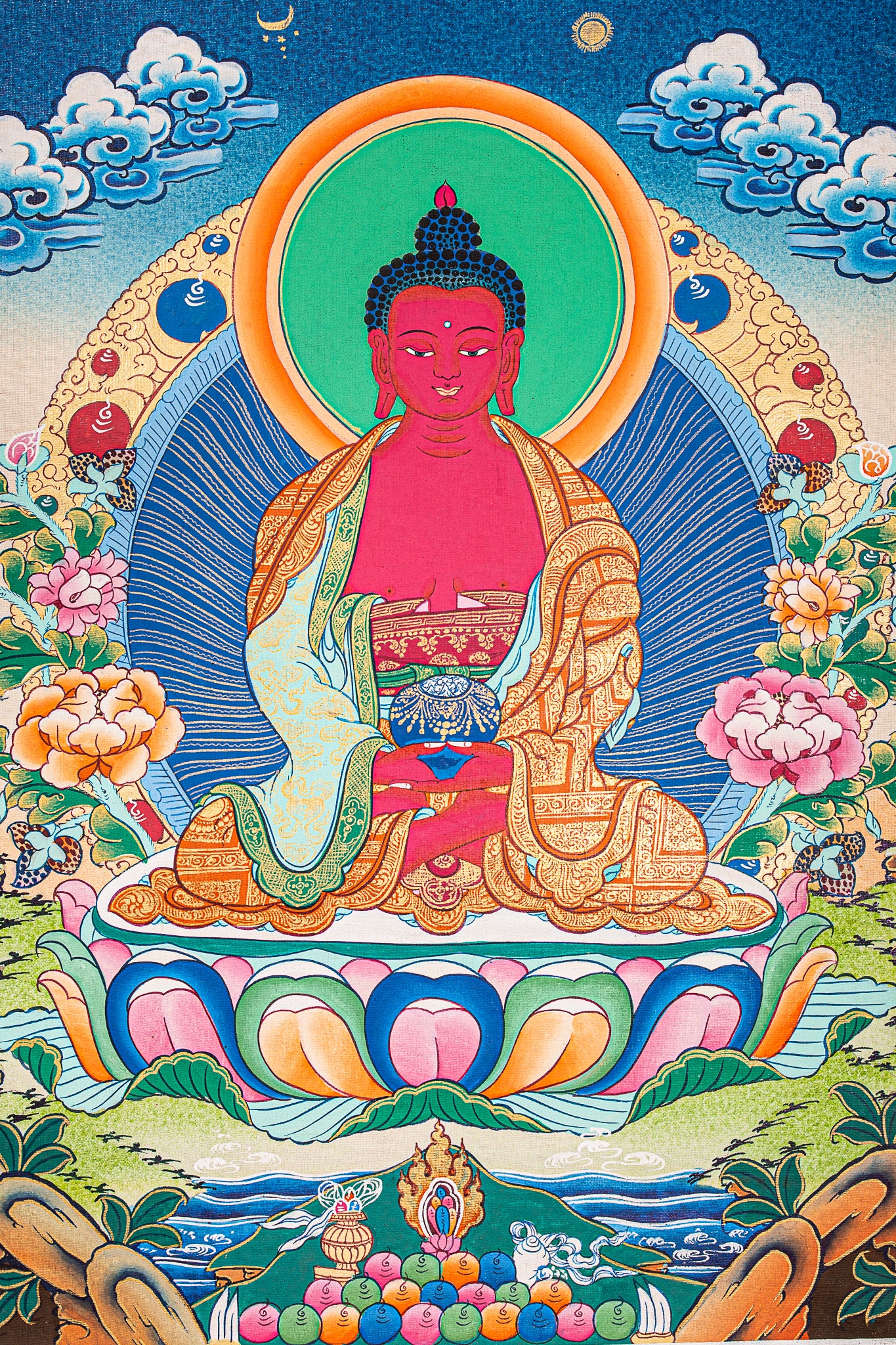 Amitabha Buddha Thangka Painting - A meditational Altar.