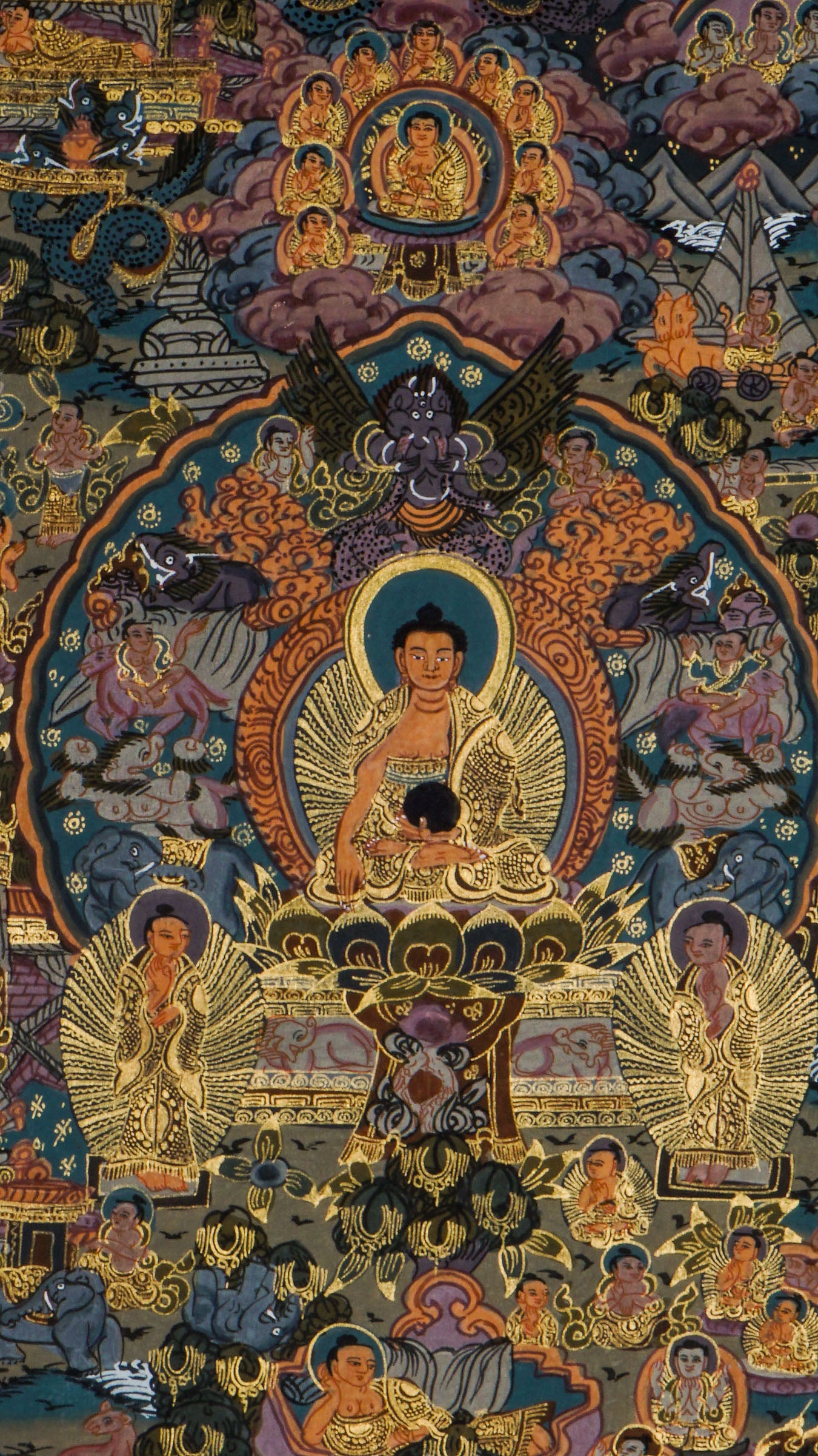 Tibetan Thangka painting depicting Buddha's life story - birth, enlightenment, and nirvana. Hand-painted on cotton with mineral pigments following traditional Buddhist art techniques.