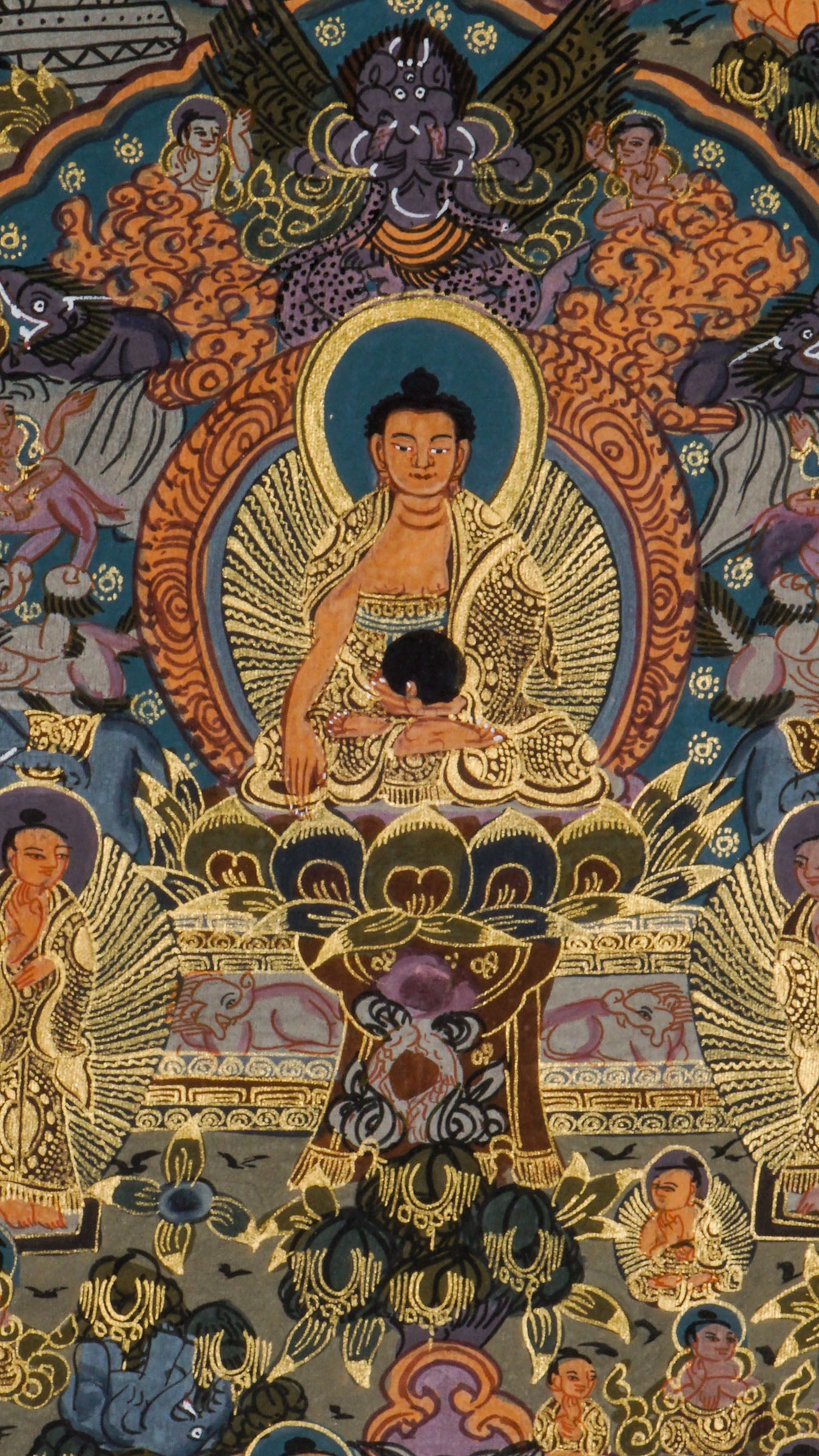 Tibetan Thangka painting depicting Buddha's life story - birth, enlightenment, and nirvana. Hand-painted on cotton with mineral pigments following traditional Buddhist art techniques.