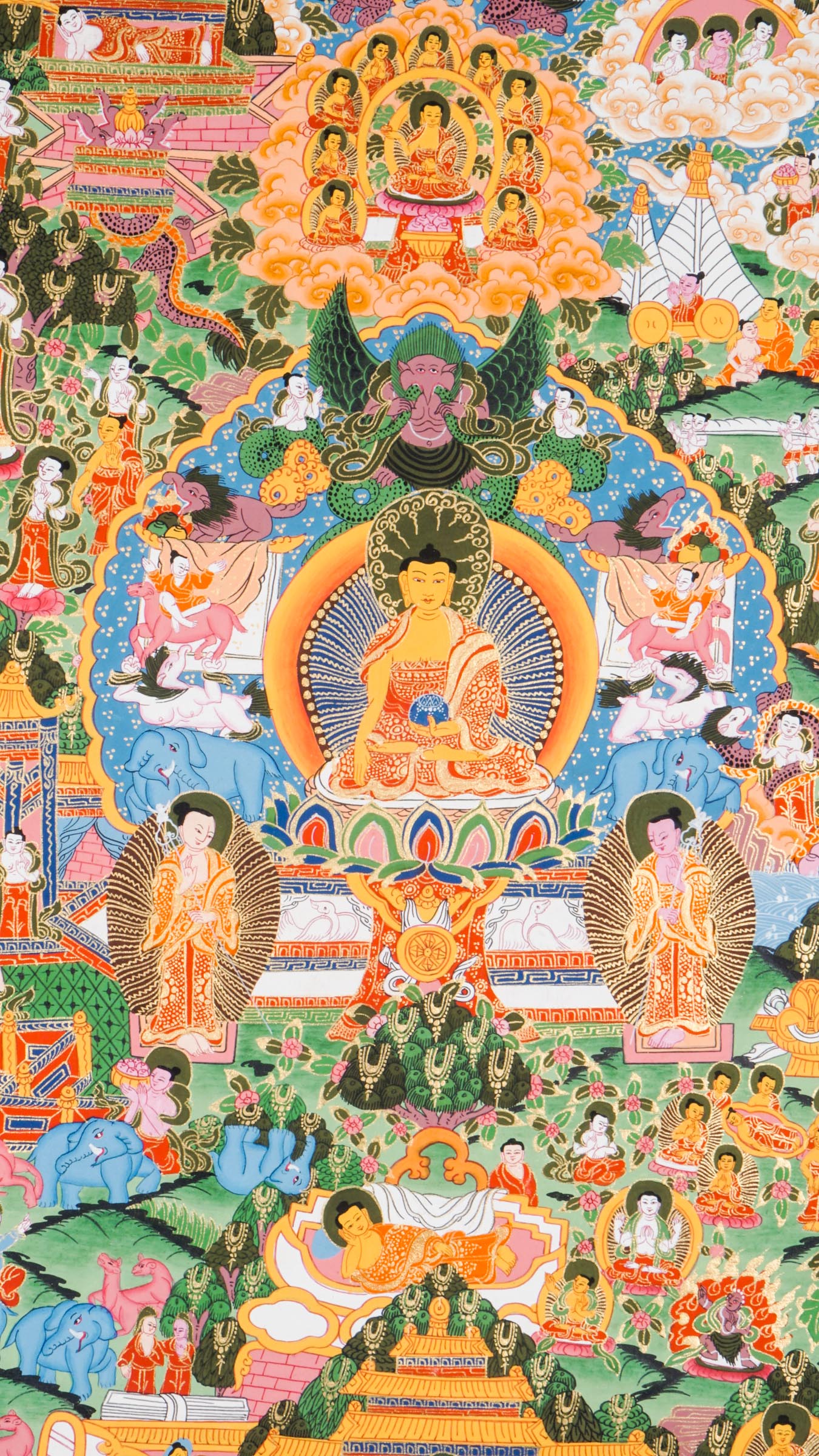 Tibetan Thangka depicting key events from Buddha's life - birth, enlightenment, and teachings. Hand-painted with natural pigments on cotton following traditional methods. Used for Buddhist study and meditation practice.