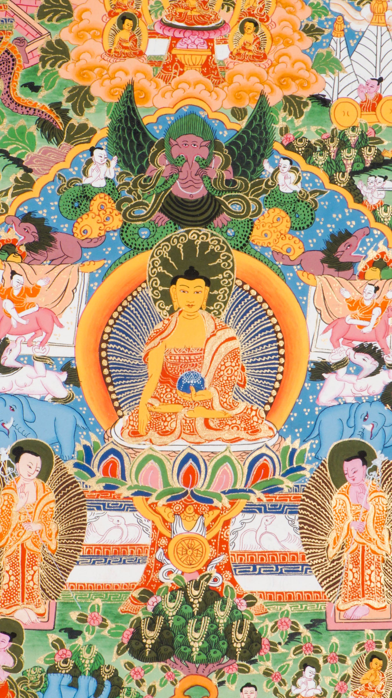 Tibetan Thangka depicting key events from Buddha's life - birth, enlightenment, and teachings. Hand-painted with natural pigments on cotton following traditional methods. Used for Buddhist study and meditation practice.