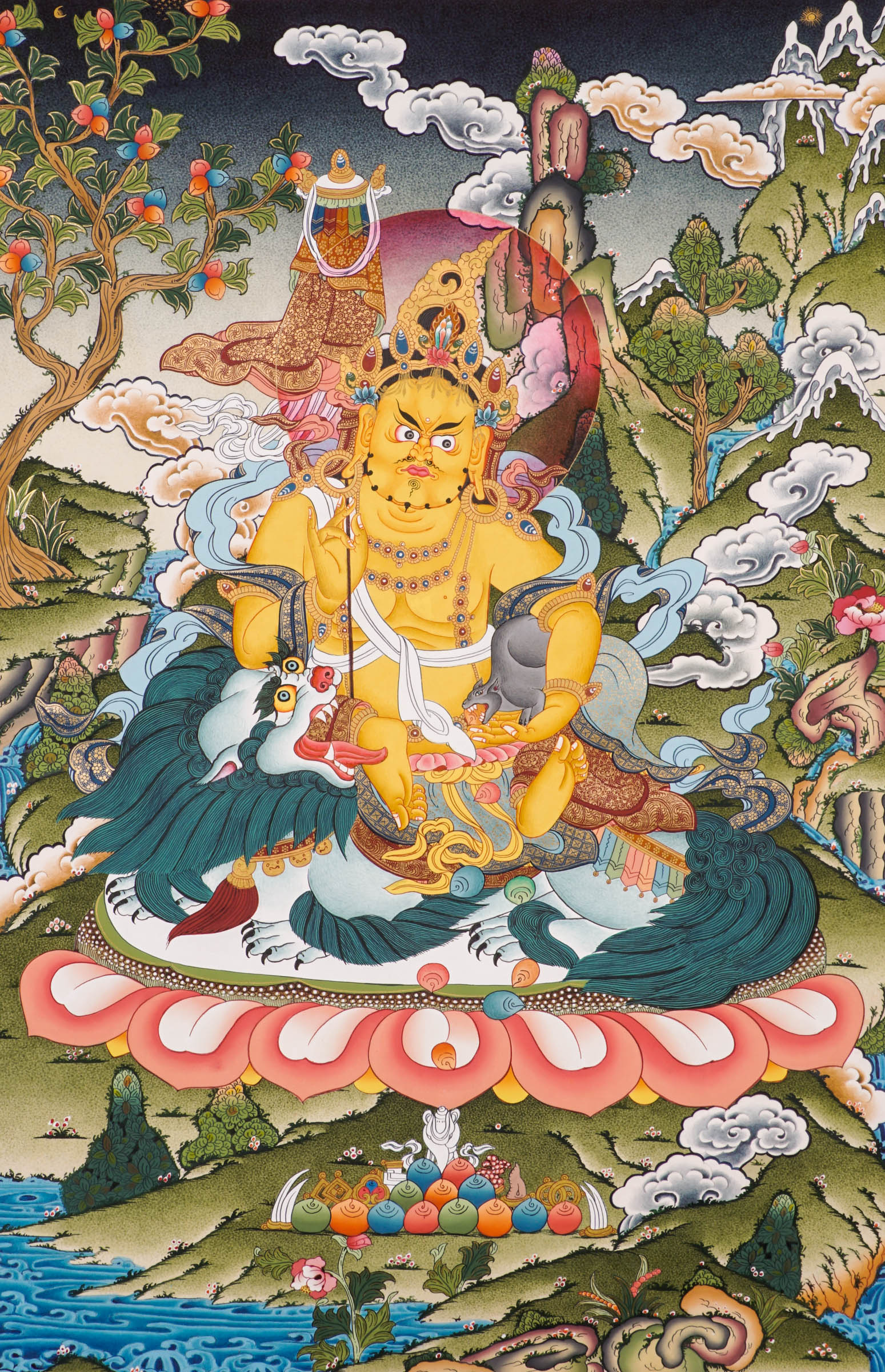 Hand-painted Lion-Faced Kubera, Singh Zambala Thangka with 24k gold and natural pigments on his wrathful form.