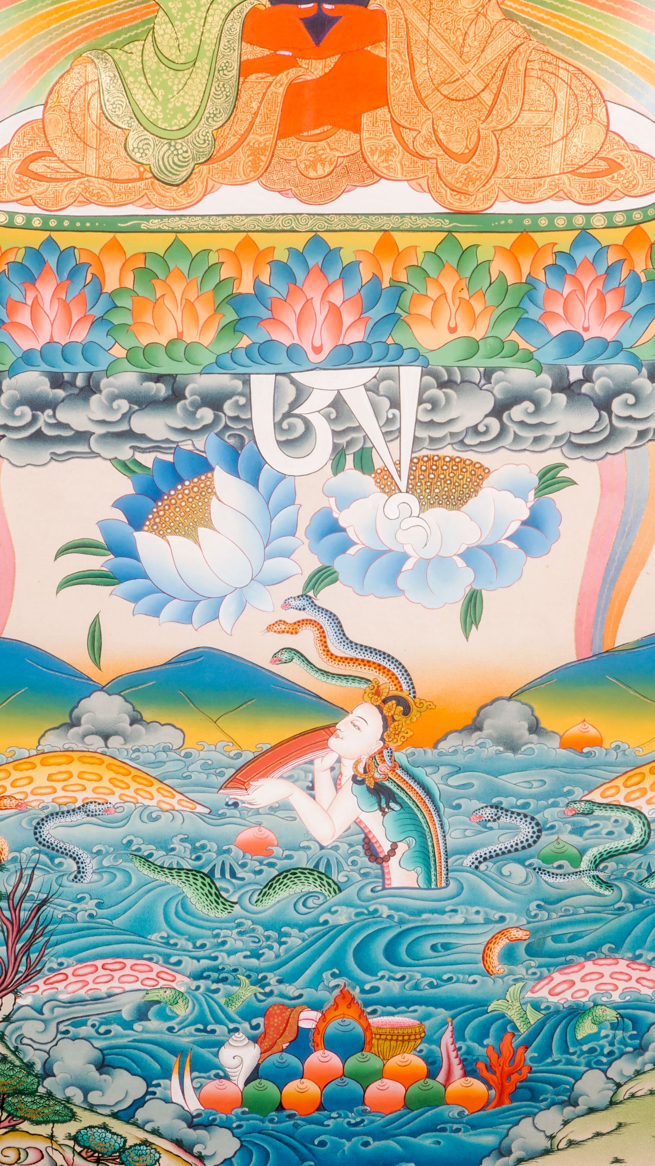 Green Tara And White Tara from the Eye of Amitabha Buddha seated on Lotus at his paradise . High Quality Thangka Art