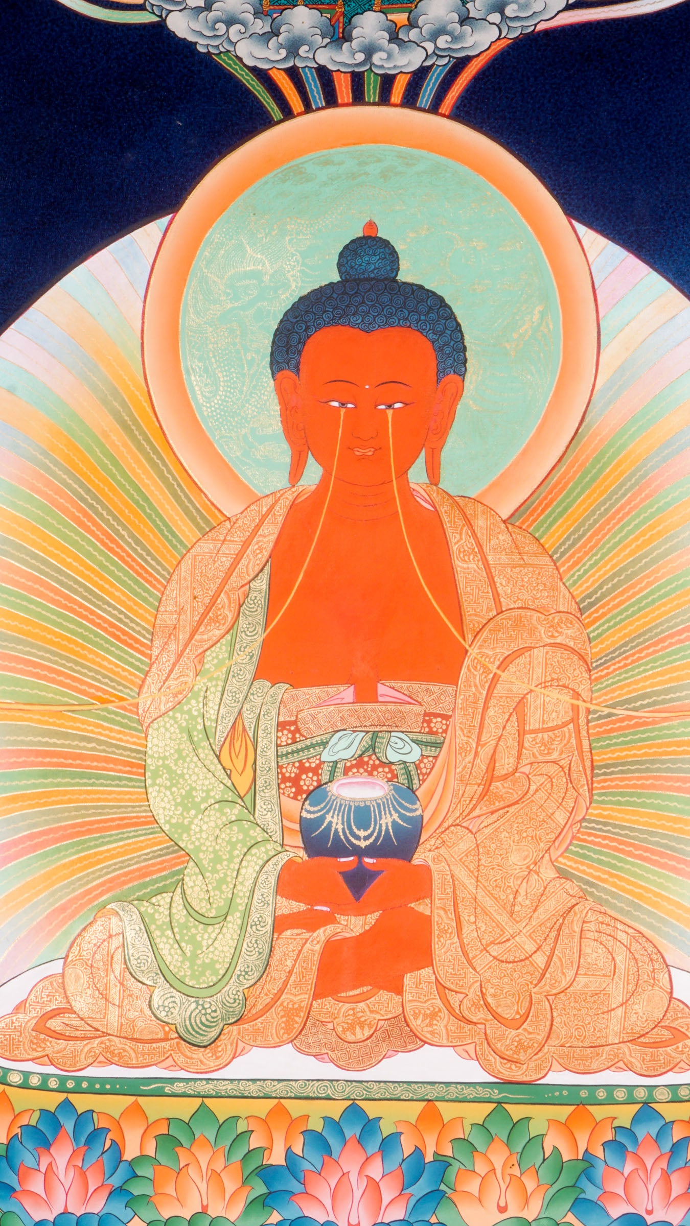 Green Tara And Chengresi from the Eye of Amitabha Buddha seated on Lotus at his paradise . High Quality Thangka Art