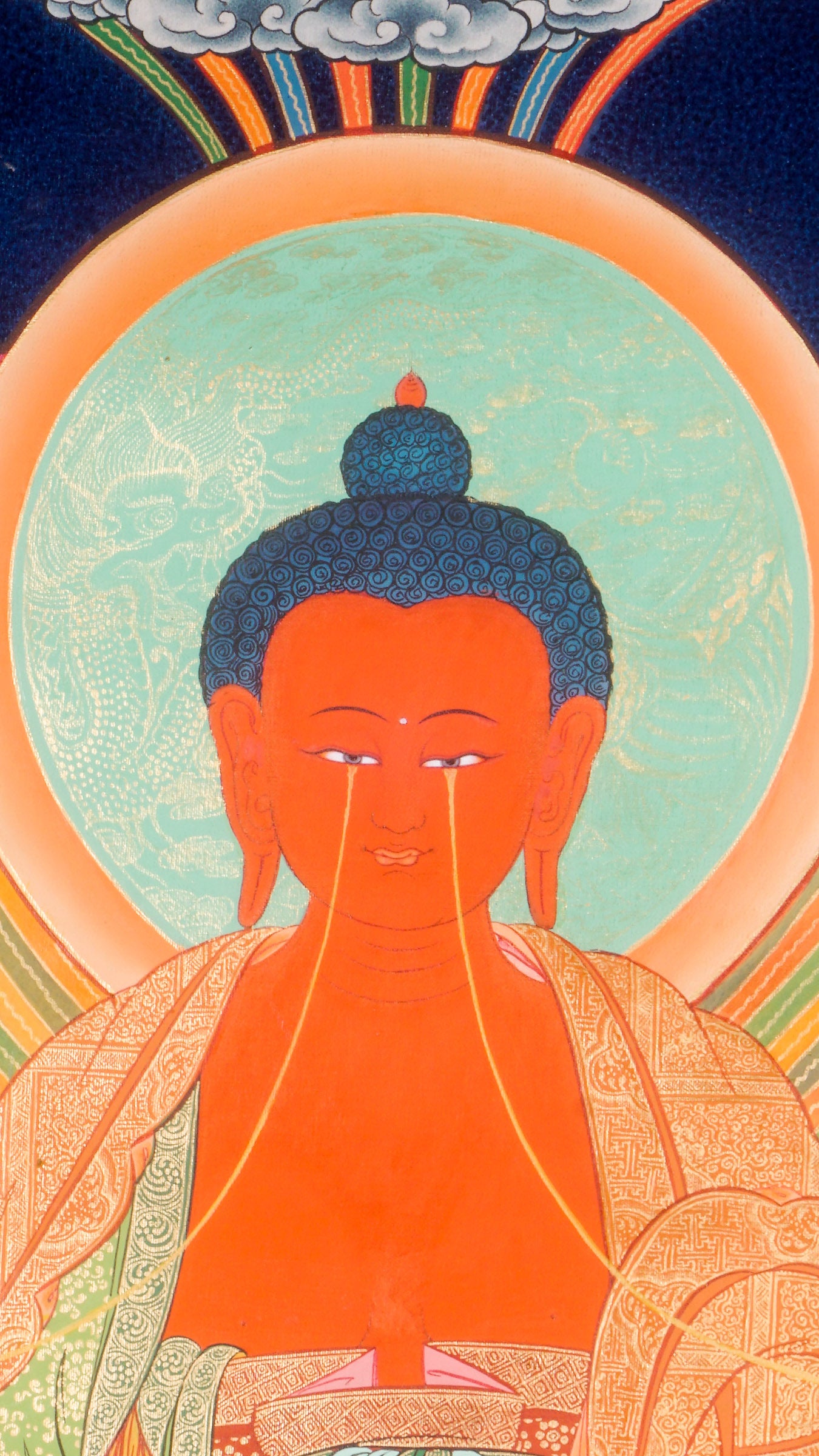 Green Tara And Chengresi from the Eye of Amitabha Buddha seated on Lotus at his paradise . High Quality Thangka Art