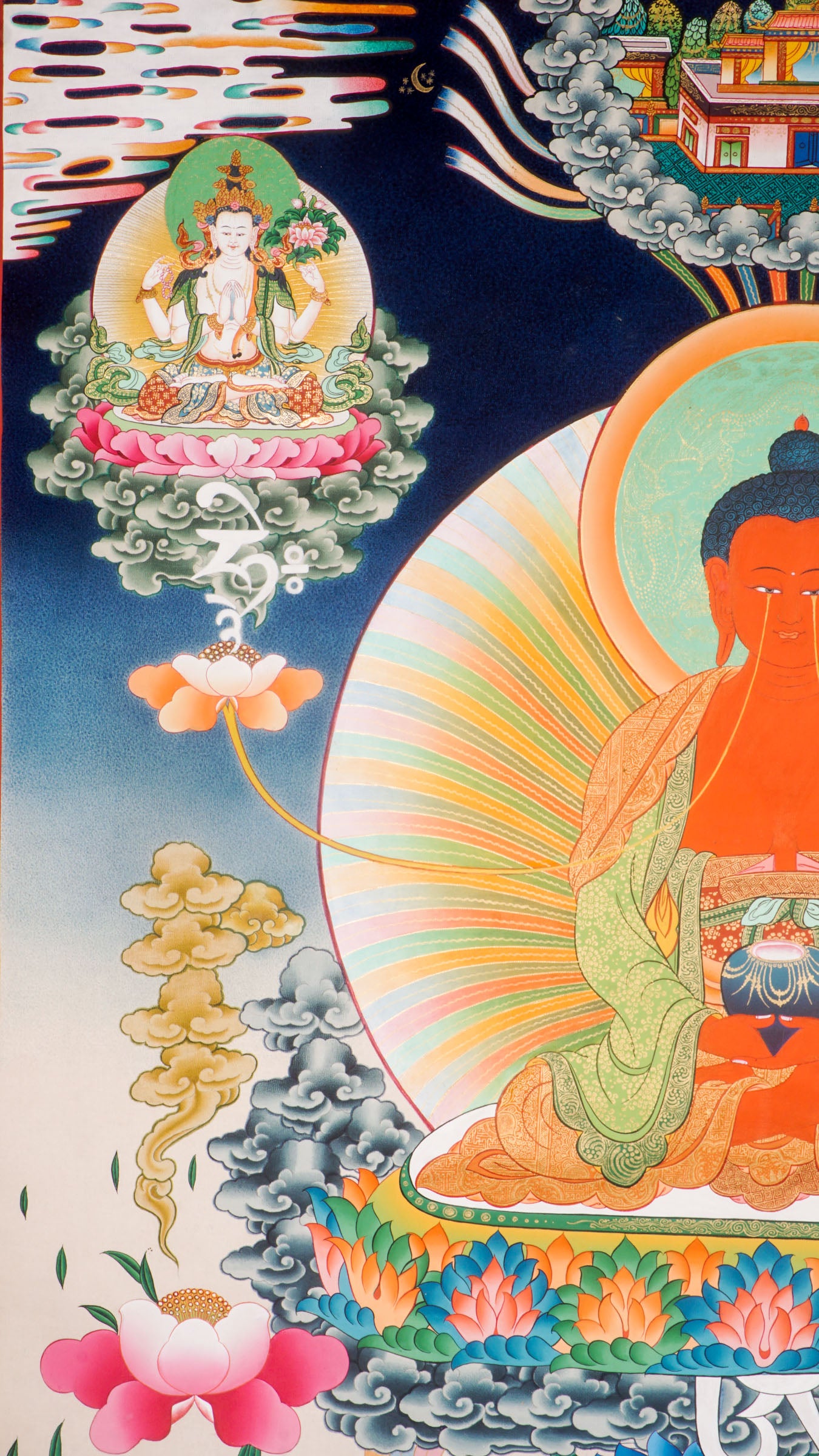 Green Tara And Chengresi from the Eye of Amitabha Buddha seated on Lotus at his paradise . High Quality Thangka Art