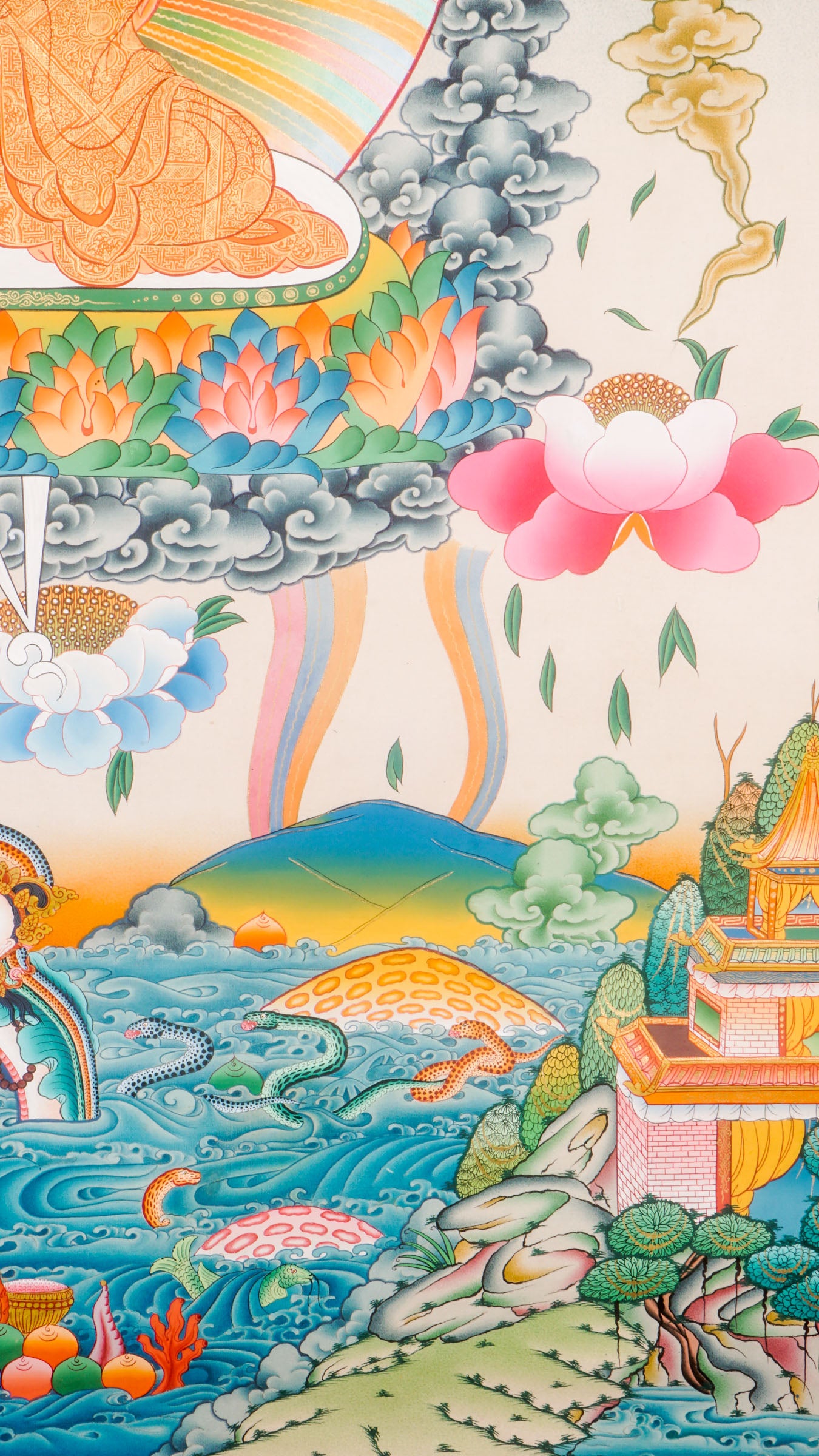 Green Tara And White Tara from the Eye of Amitabha Buddha seated on Lotus at his paradise . High Quality Thangka Art