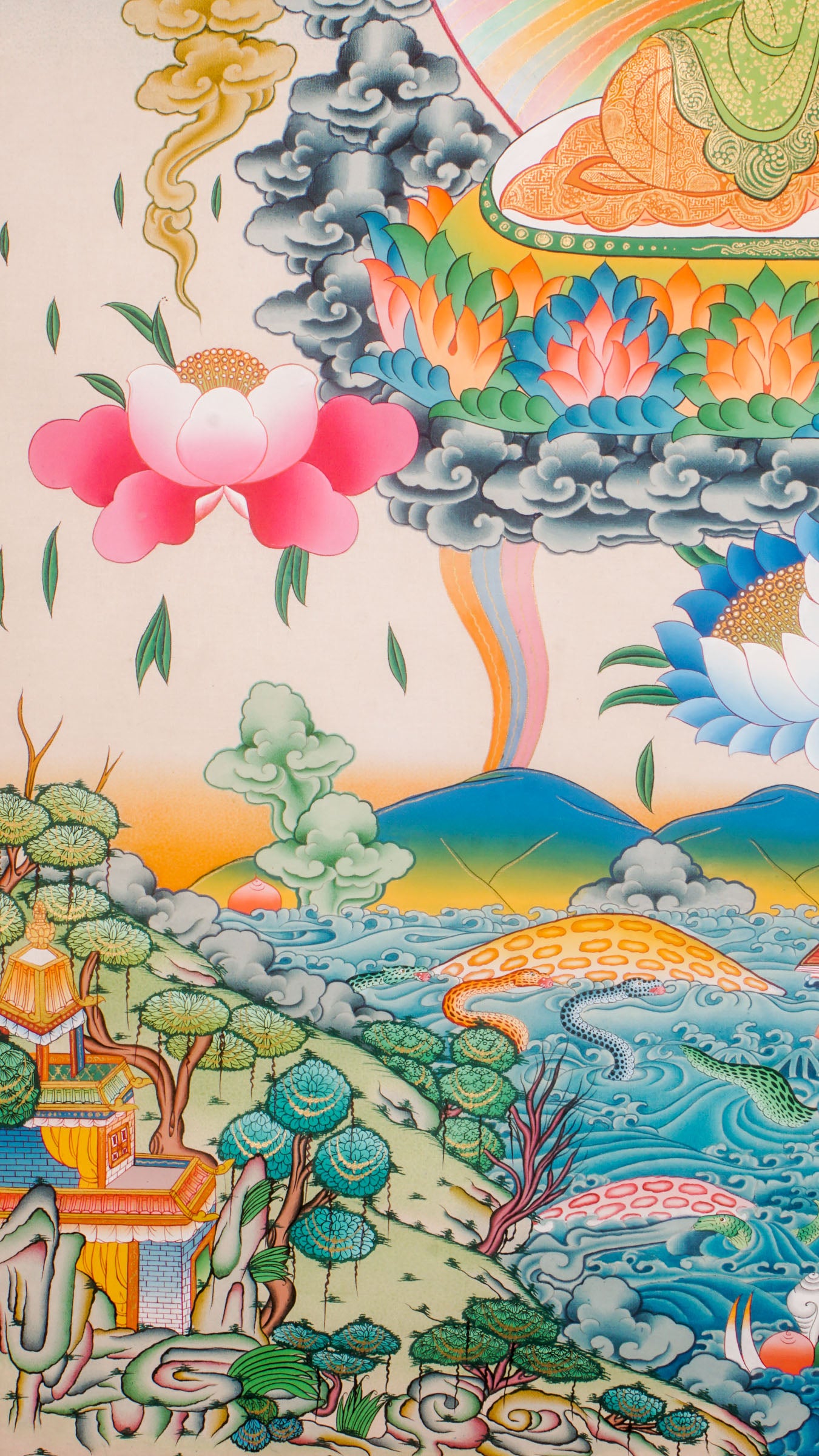 Green Tara And White Tara from the Eye of Amitabha Buddha seated on Lotus at his paradise . High Quality Thangka Art