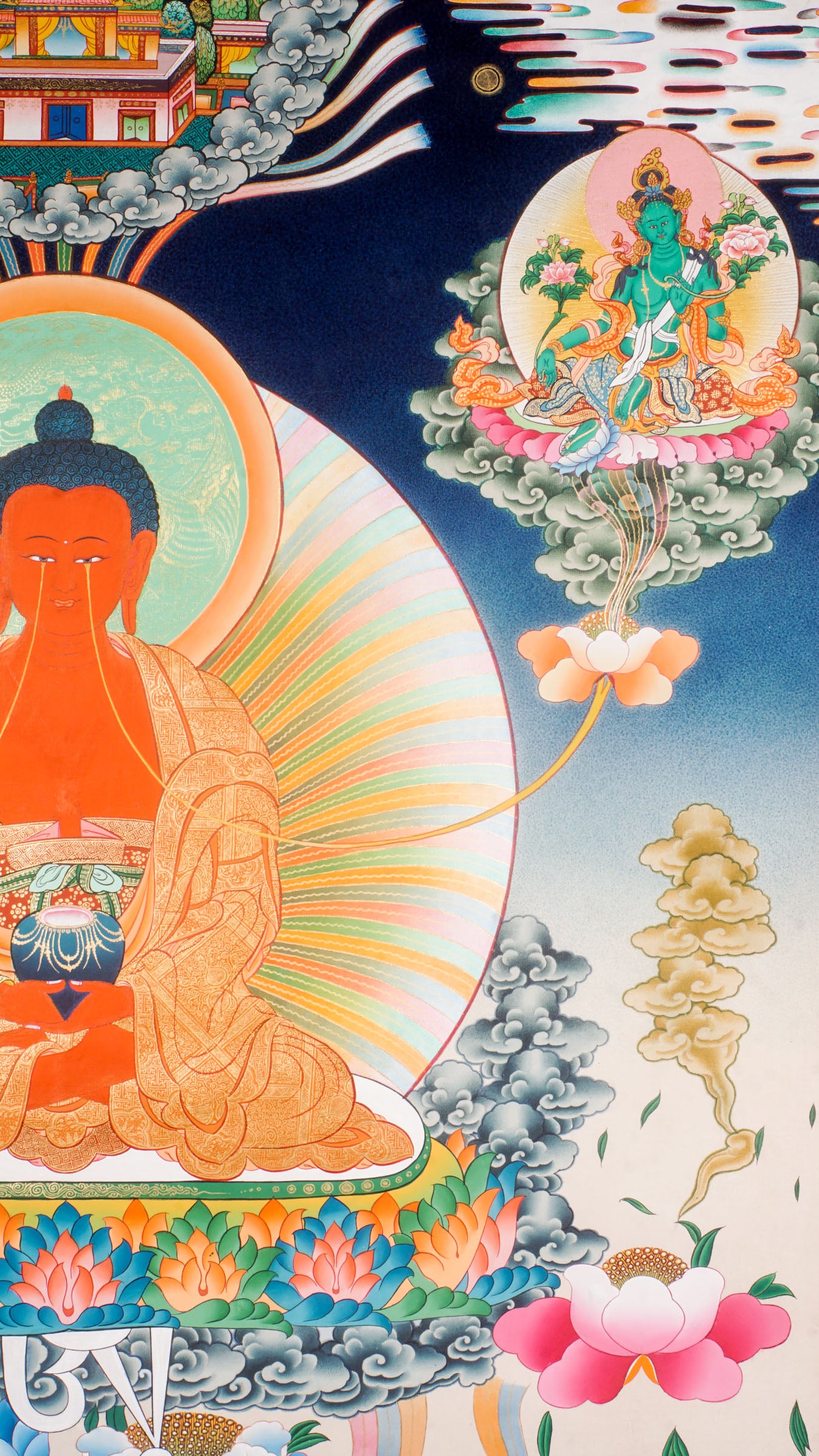 Two long lotus flowers growing from the eyes of Amitabha Buddha Thangka