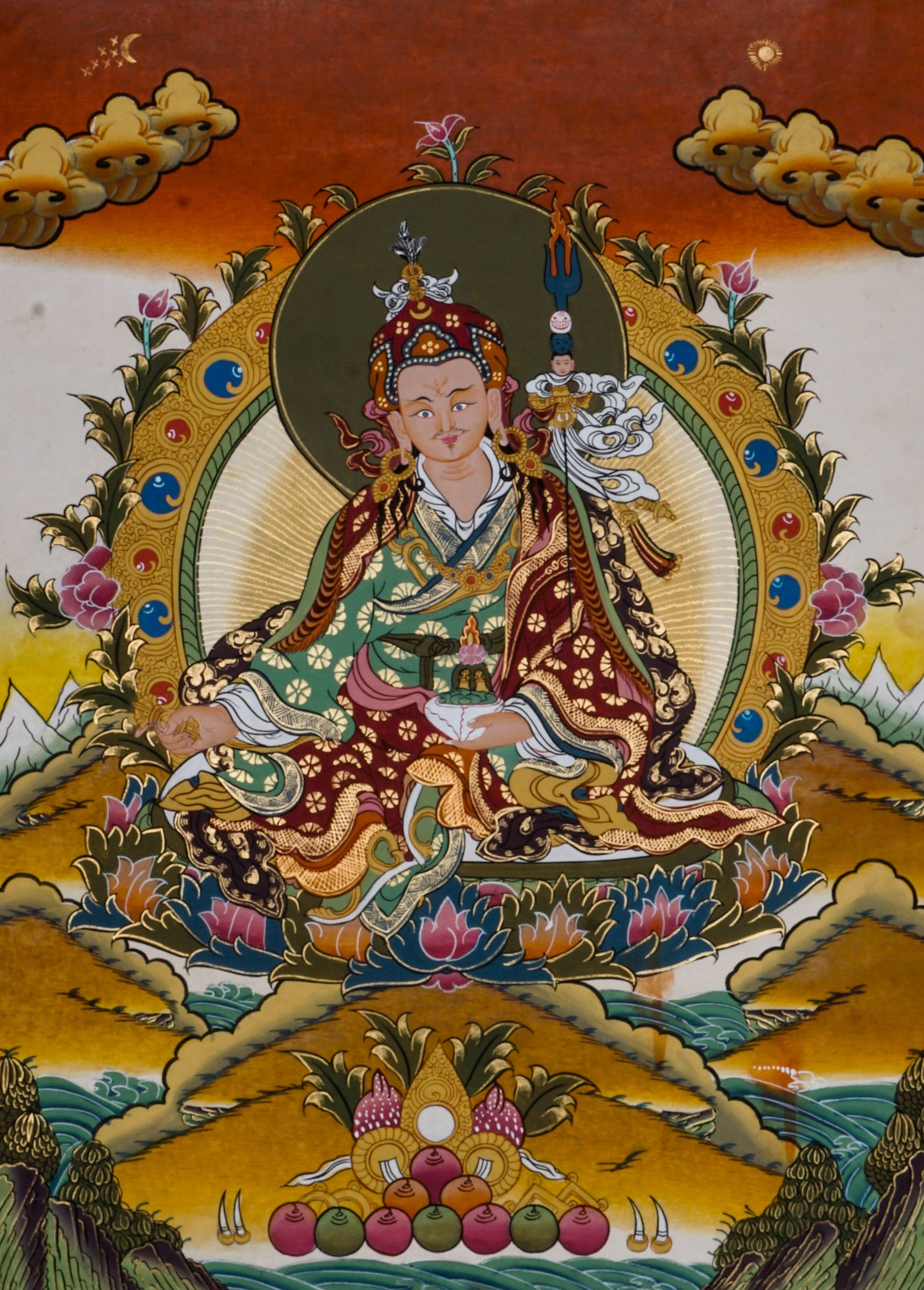Hand-painted art Lotus-born key figure of Guru Rinpoche, Padmasambhava thangka with 24k gold and natural pigments.