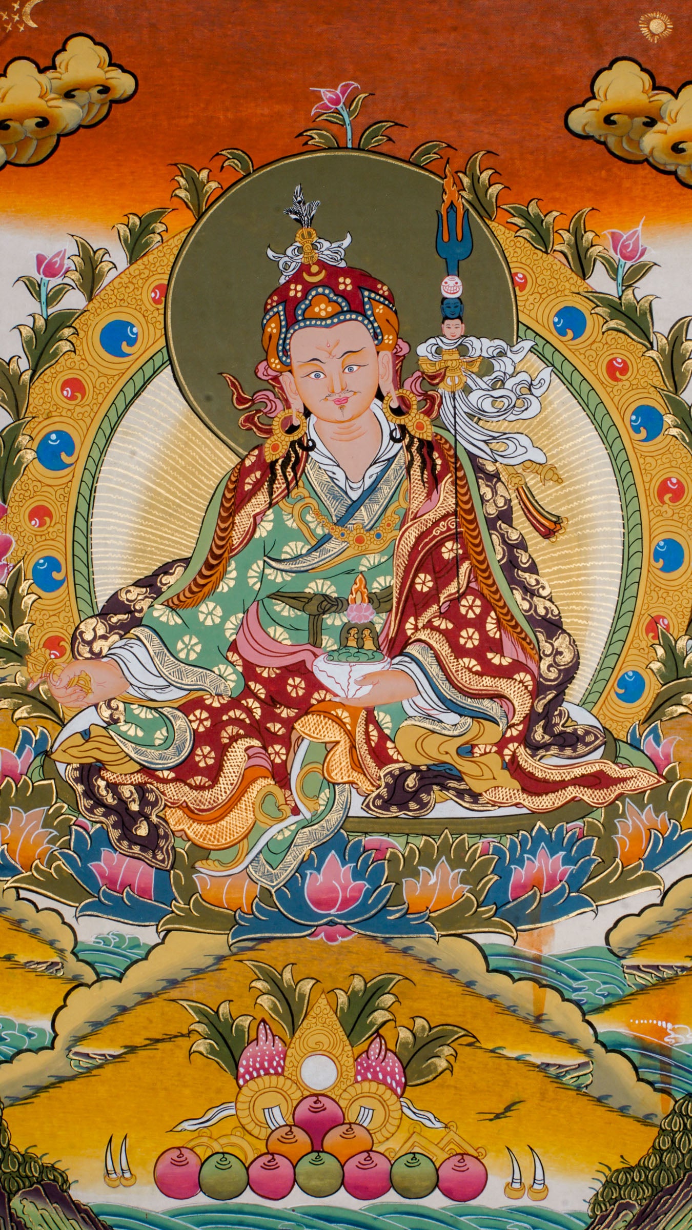 Hand-painted art Lotus-born key figure of Guru Rinpoche, Padmasambhava thangka with 24k gold and natural pigments.