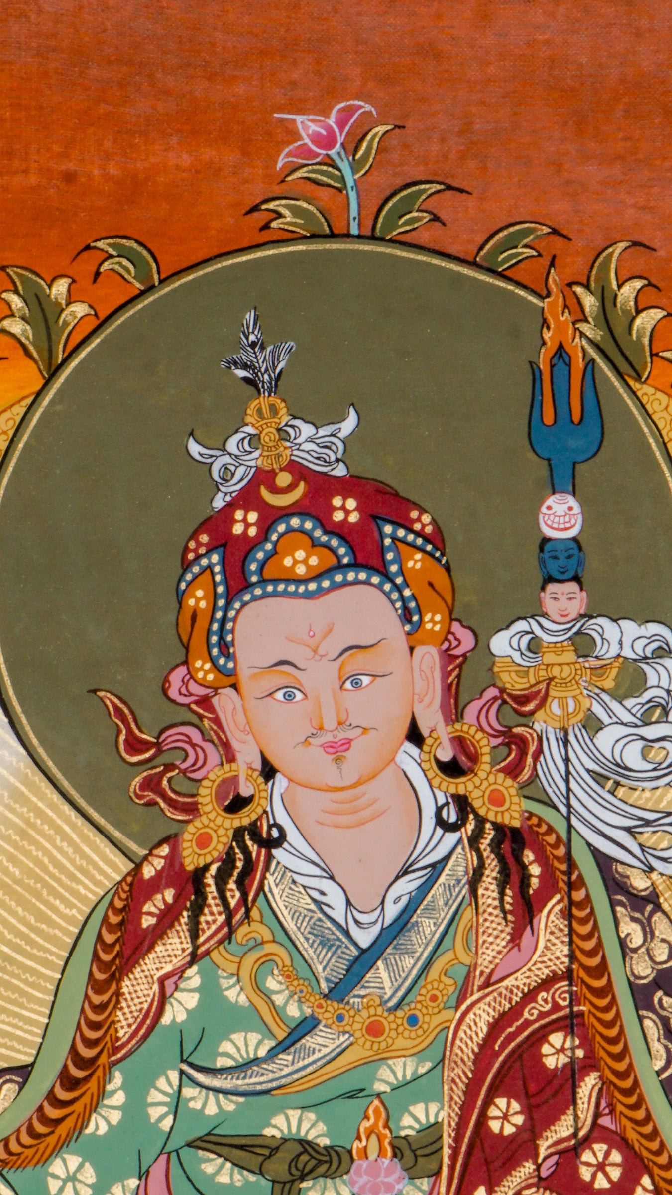 Hand-painted art Lotus-born key figure of Guru Rinpoche, Padmasambhava thangka with 24k gold and natural pigments.