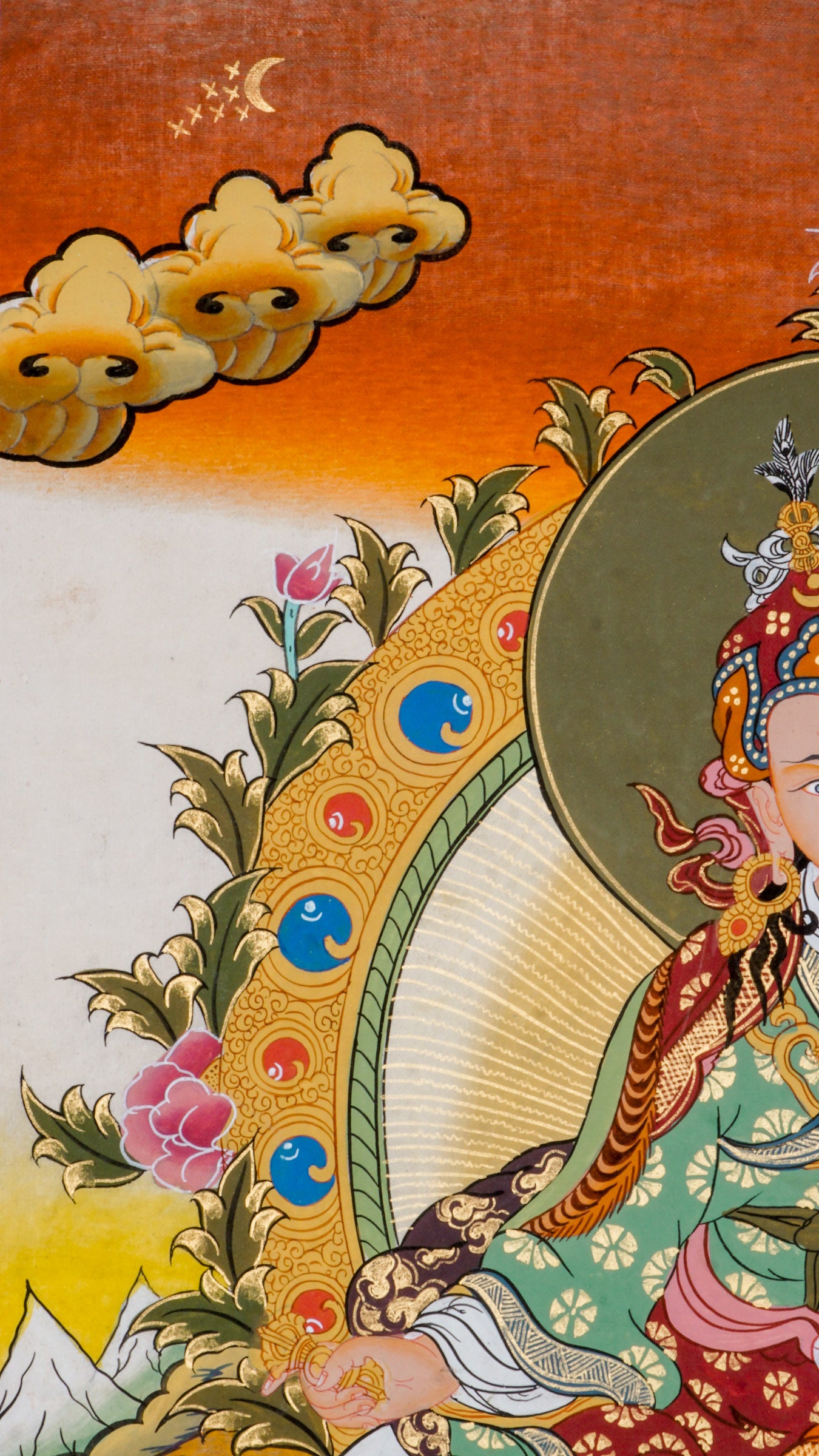 Hand-painted art Lotus-born key figure of Guru Rinpoche, Padmasambhava thangka with 24k gold and natural pigments.