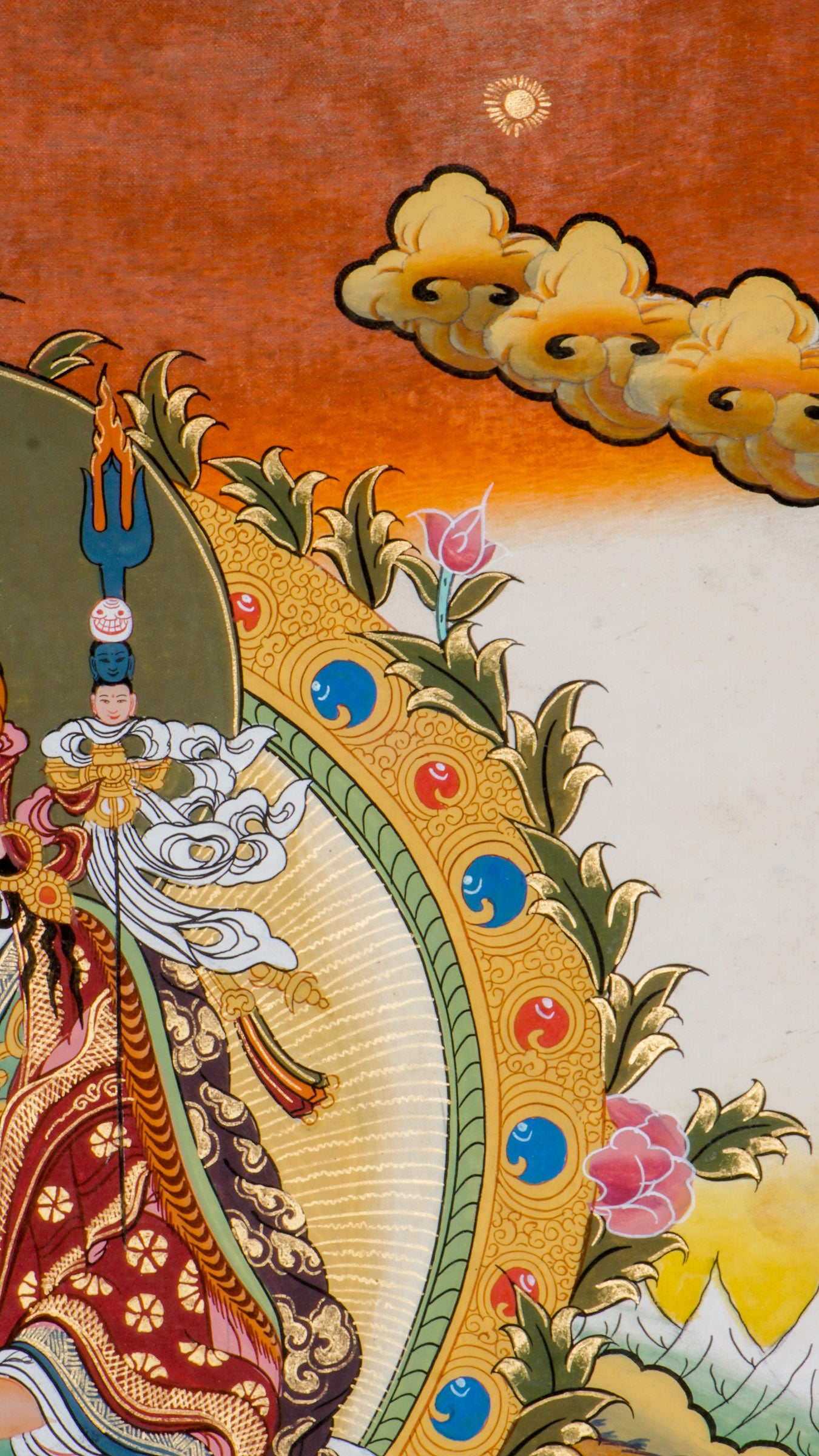Hand-painted art Lotus-born key figure of Guru Rinpoche, Padmasambhava thangka with 24k gold and natural pigments.