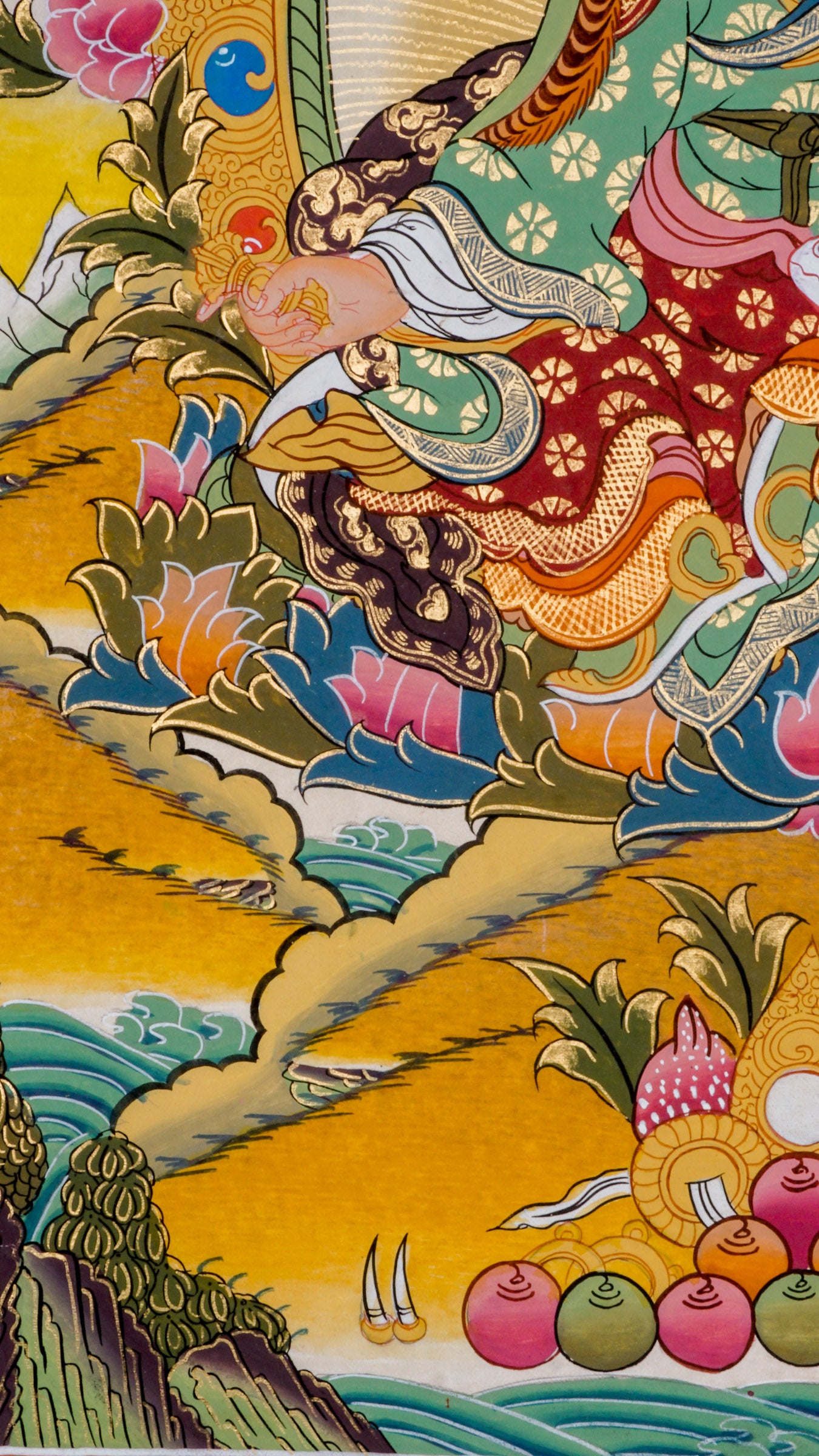 Hand-painted art Lotus-born key figure of Guru Rinpoche, Padmasambhava thangka with 24k gold and natural pigments.
