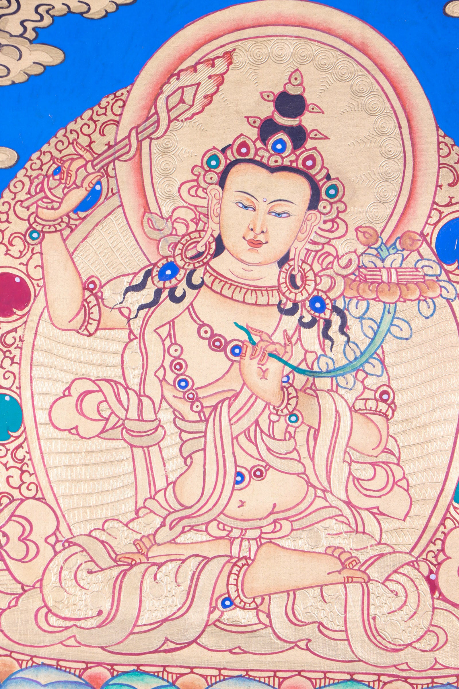 This Manjushri Thangka Painting embodies the profound wisdom and enlightenment of Manjushri,