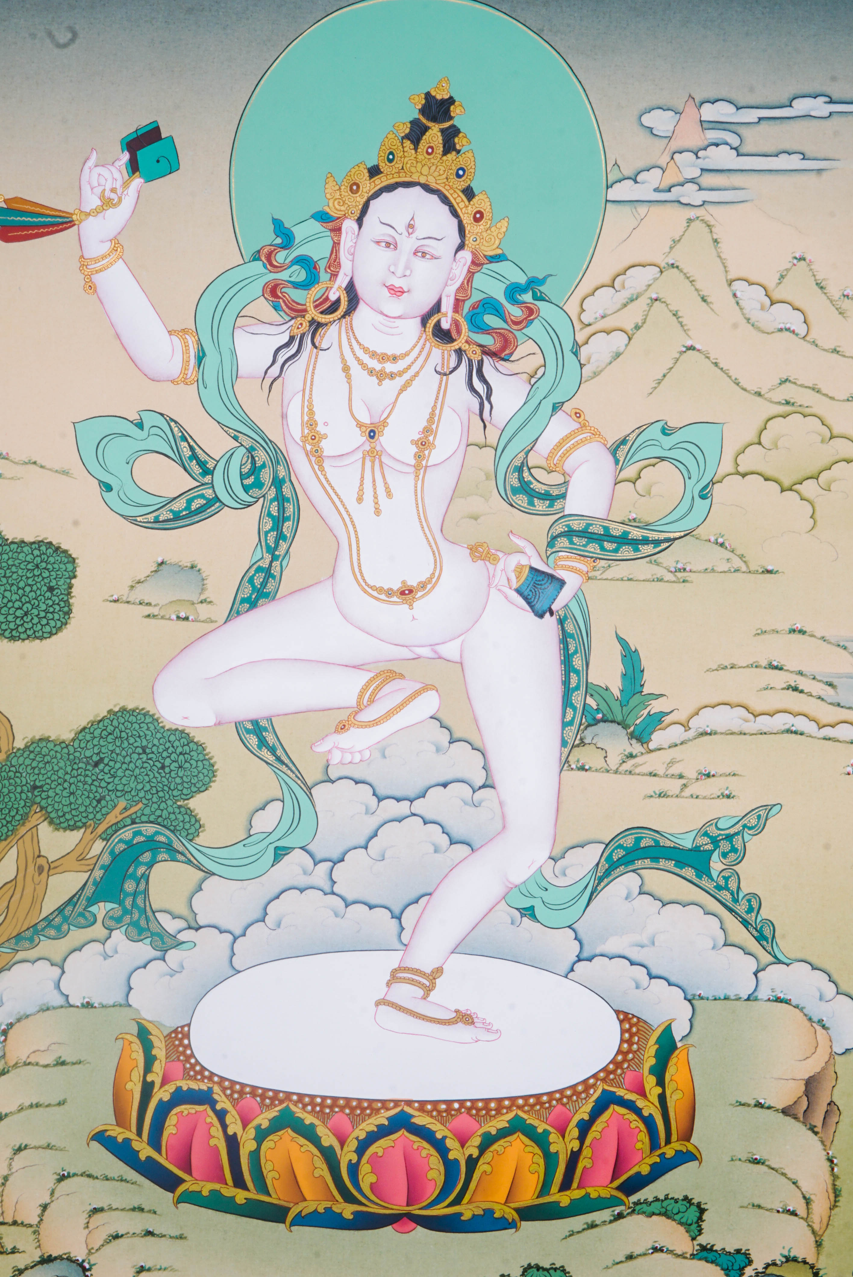 Machig Labdron Thangka is a genuine Tibetan Buddhist artwork that honors the great yogini known for founding the Chod practice. She represents wisdom, compassion, and the fearless path to spiritual liberation.
