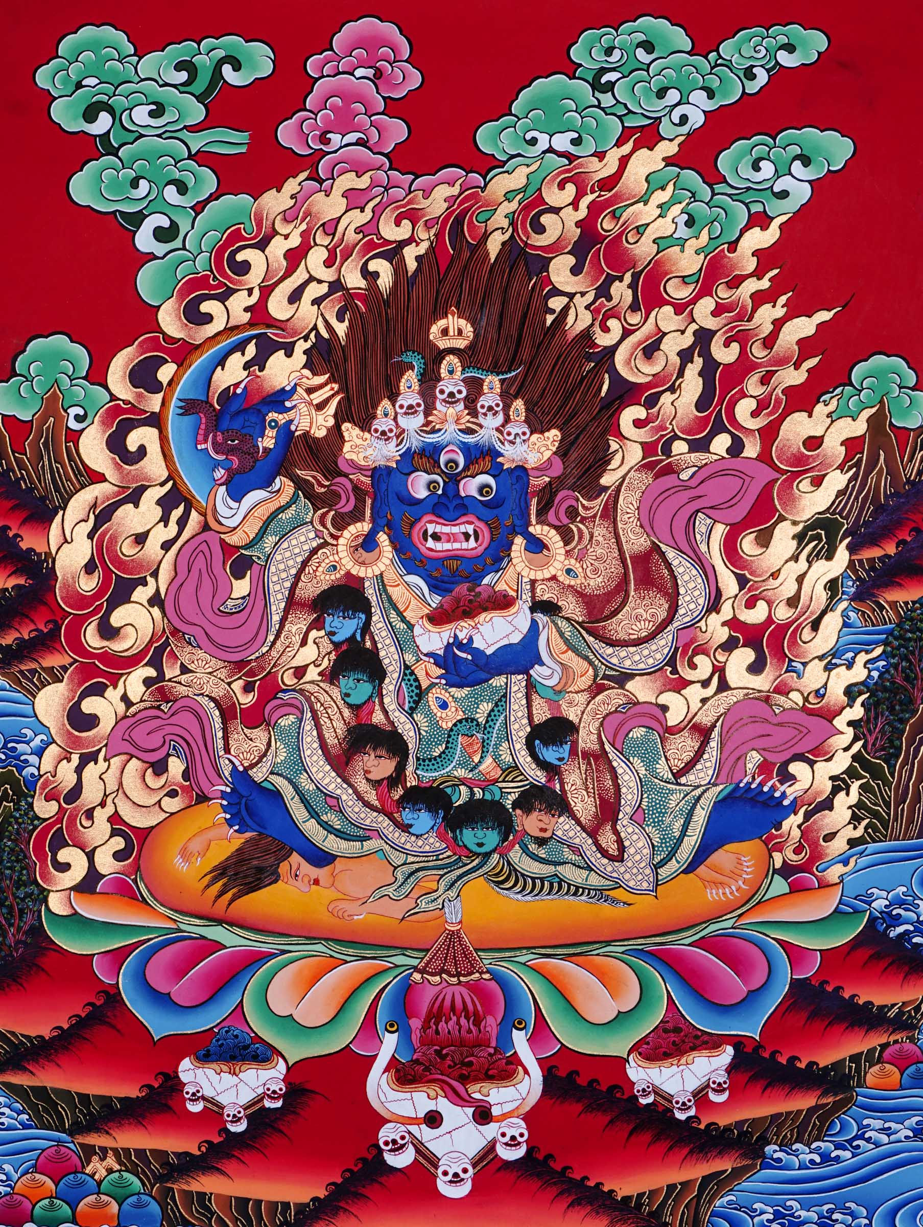 Tibetan Buddhist thangka of Mahakala with dark blue body, five-skull crown, garland of severed heads, holding skull cup and curved knife, surrounded by red flames, hand painted in Kathmandu, Nepal.