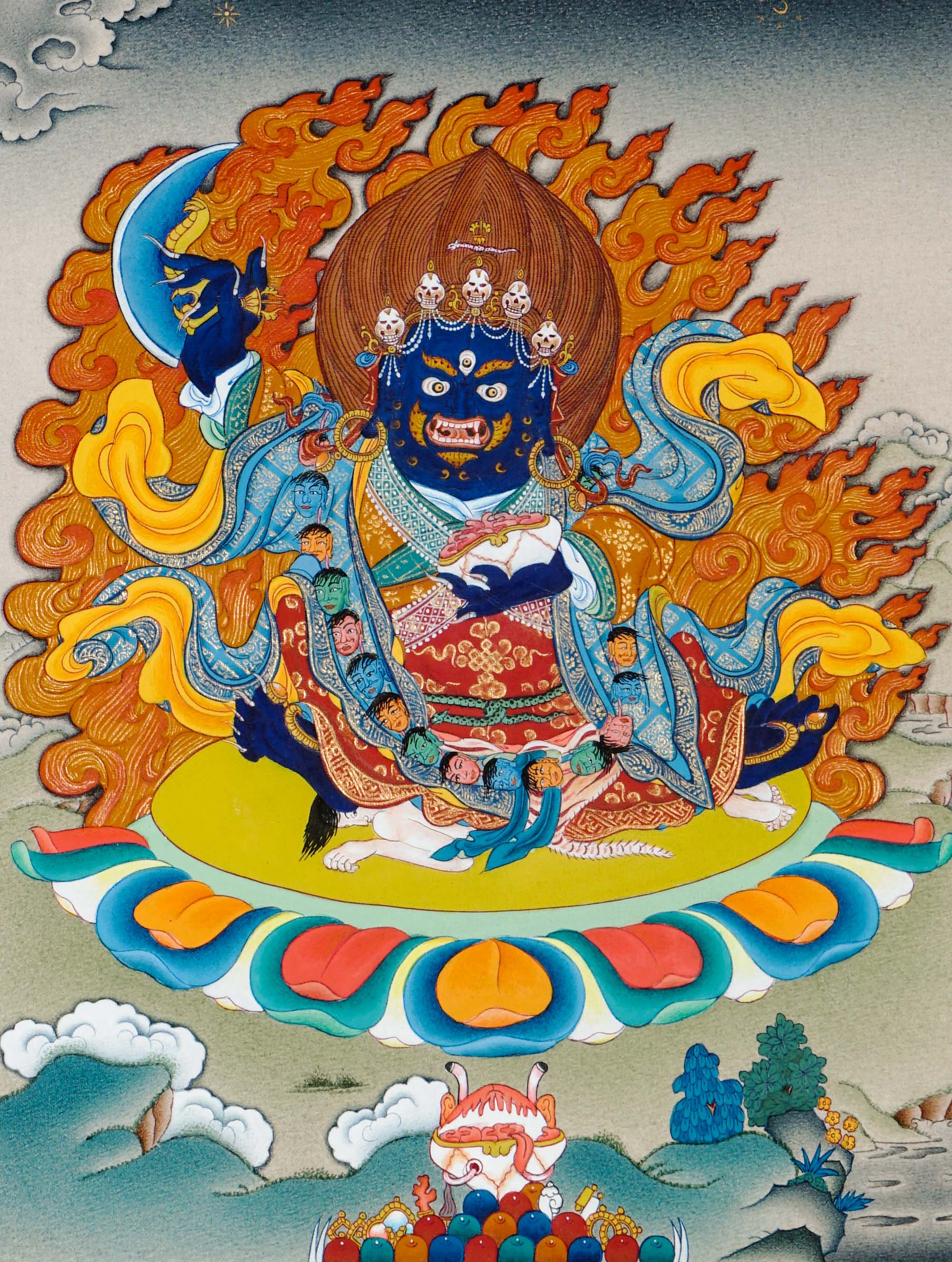 Tibetan thangka of Mahakala, the blue wrathful protector deity, holding a curved chopper and skull cup, surrounded by flames and seated on a lotus with symbolic offerings below.