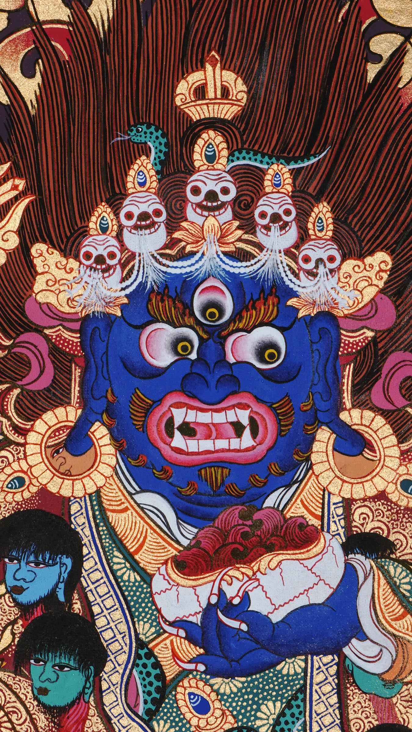 Tibetan Buddhist thangka of Mahakala with dark blue body, five-skull crown, garland of severed heads, holding skull cup and curved knife, surrounded by red flames, hand painted in Kathmandu, Nepal.