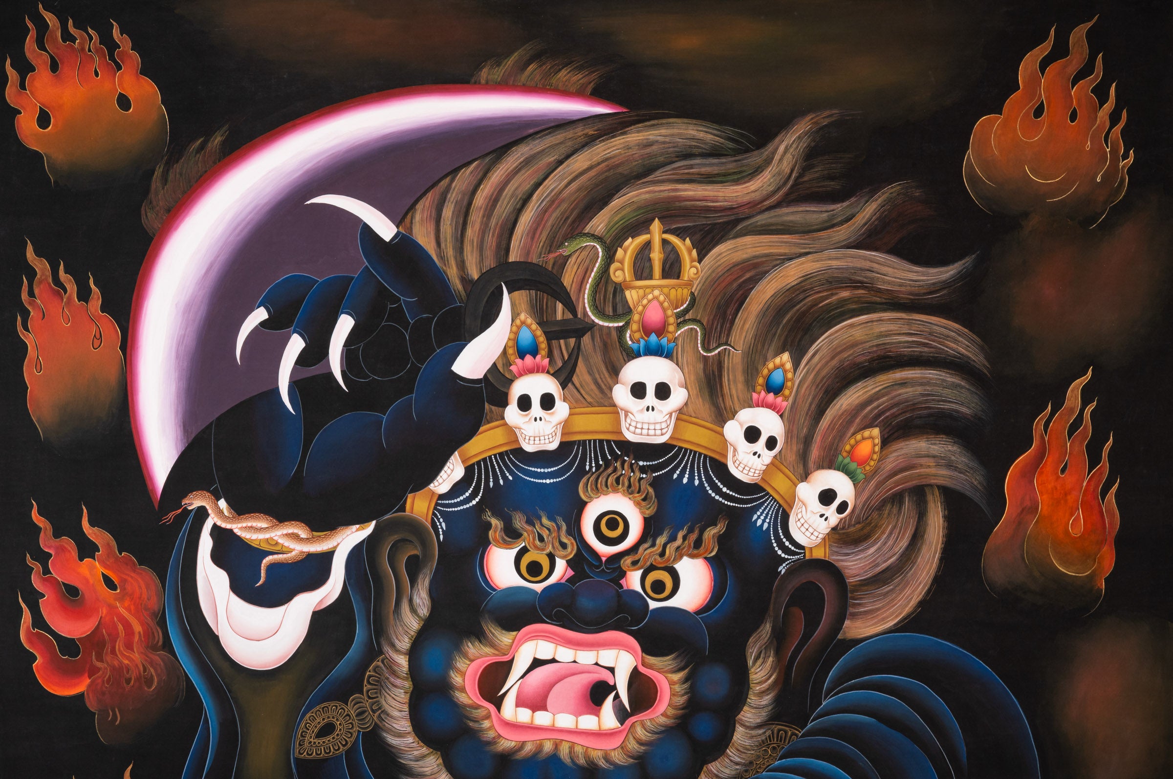 Short Kagyu Mahakala Thangka depicting the wrathful Dharma Protector Mahakala with raised curved chopper, skull crown, flaming hair, and blazing aura, embodying fierce compassion and protection in traditional hand-painted Tibetan Buddhist art.