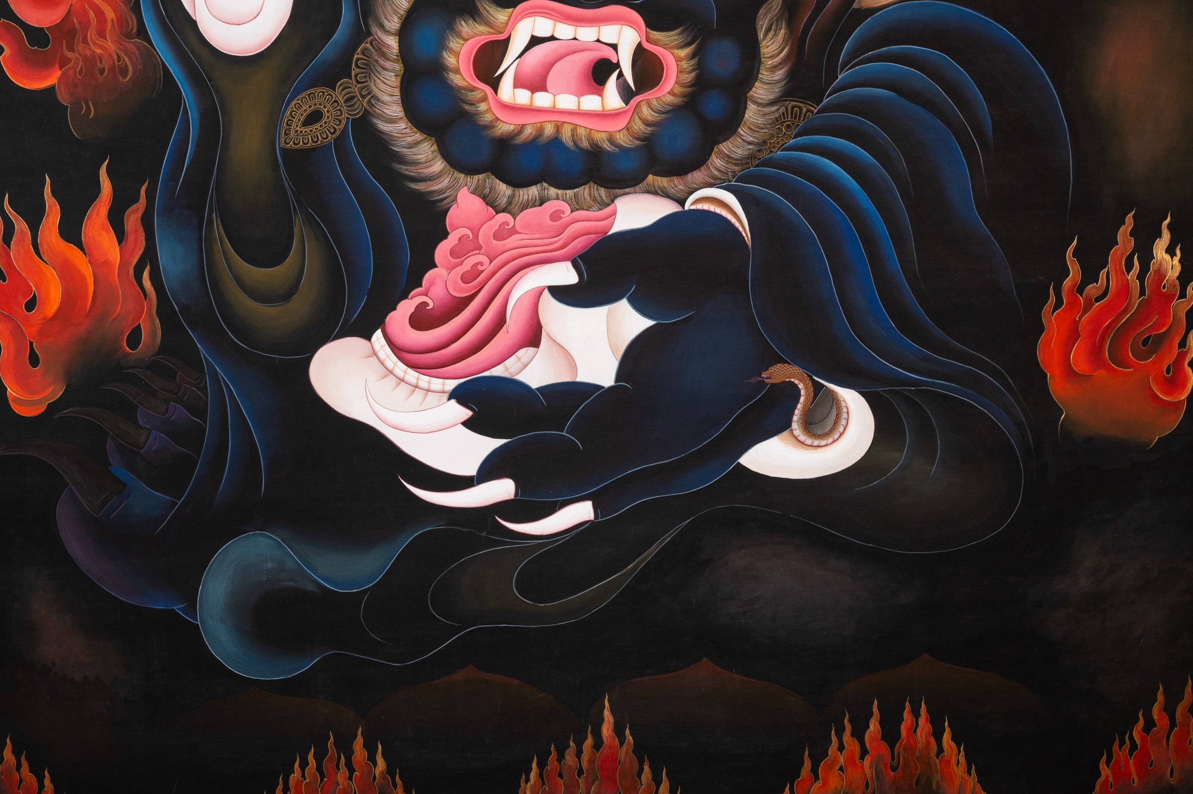 Short Kagyu Mahakala Thangka depicting the wrathful Dharma Protector Mahakala with raised curved chopper, skull crown, flaming hair, and blazing aura, embodying fierce compassion and protection in traditional hand-painted Tibetan Buddhist art.